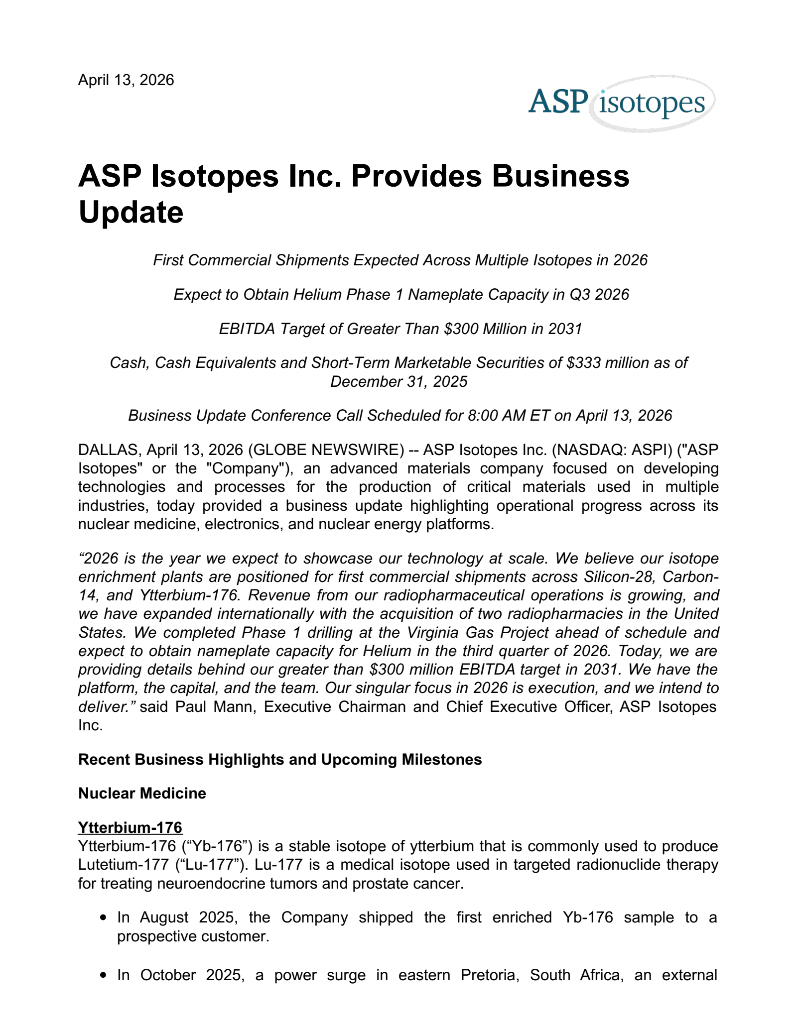 ASP Isotopes' Q4 2025 Press Release