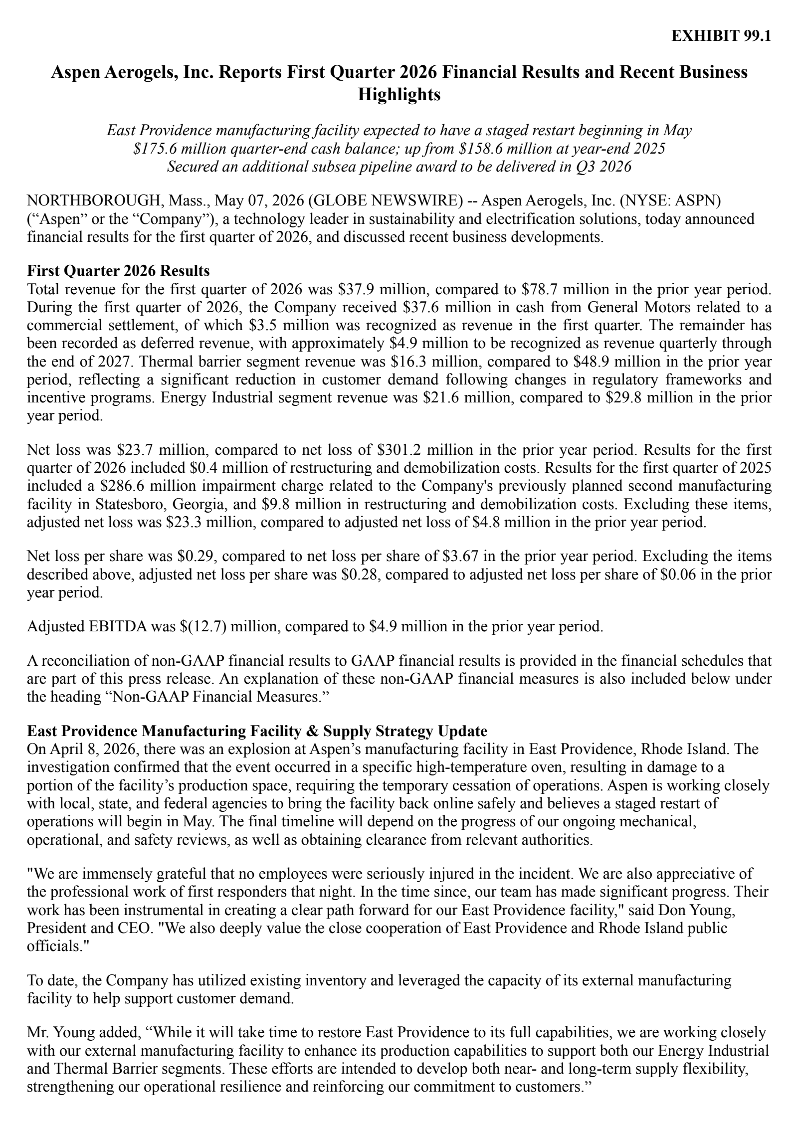 Aspen Aerogels' Q1 2026 Press Release