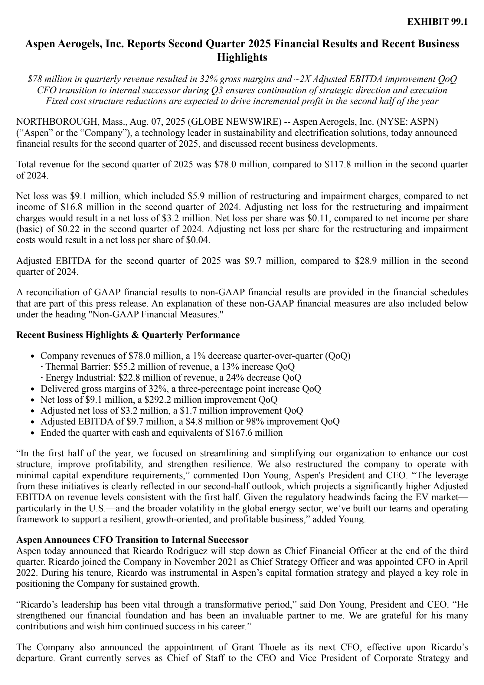 Aspen Aerogels' Q2 2025 Press Release