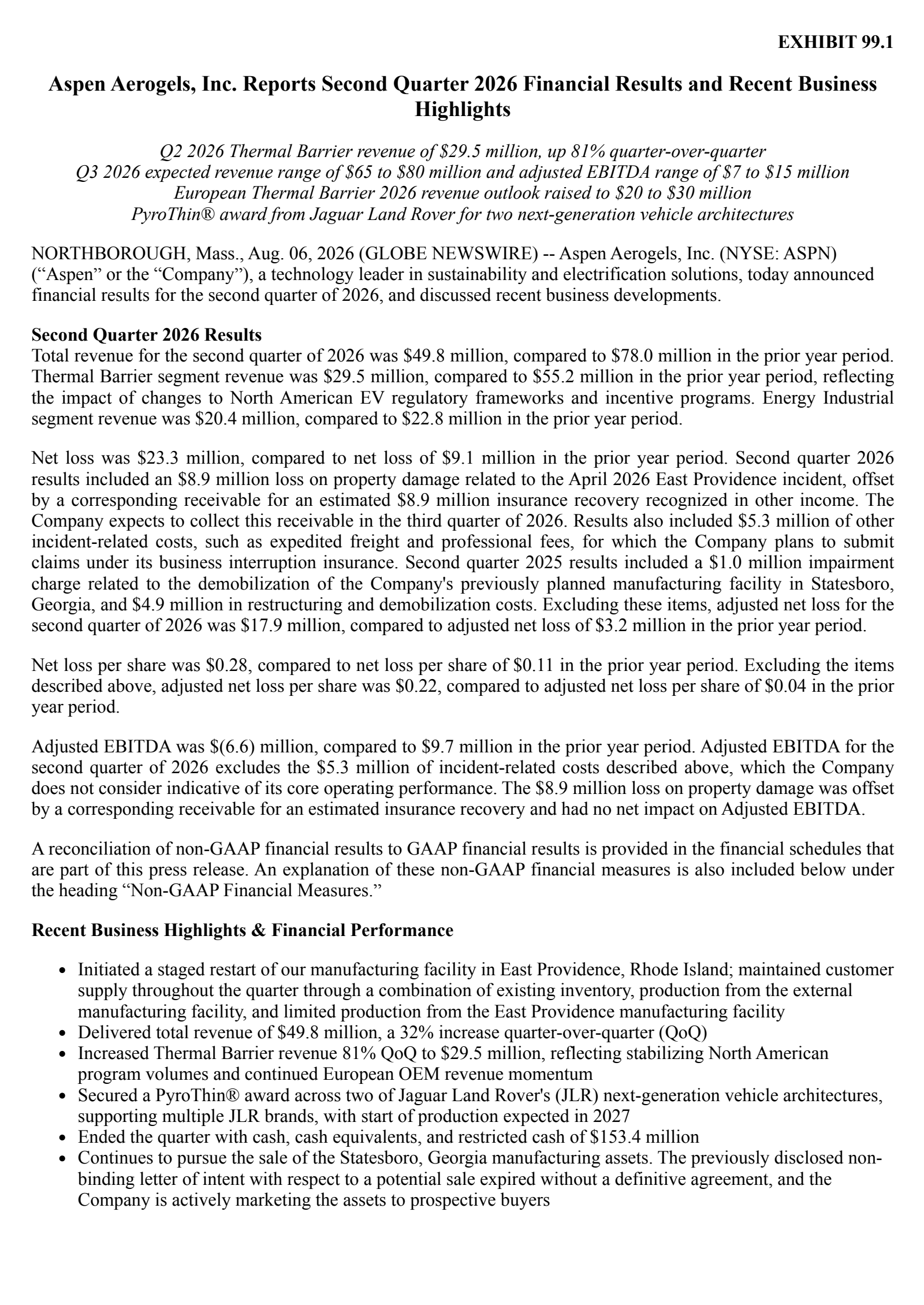 Aspen Aerogels' Q2 2026 Press Release