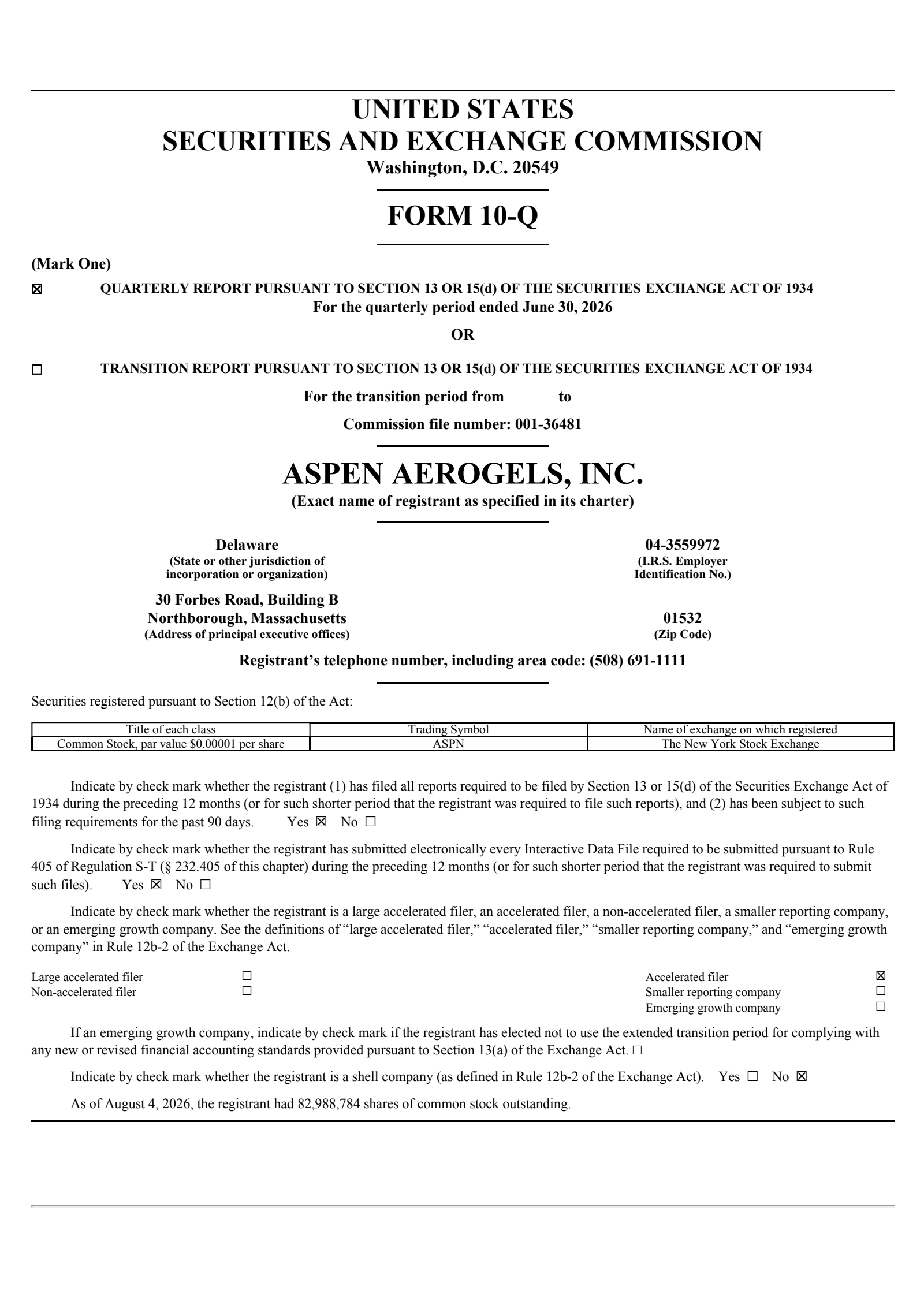 Aspen Aerogels' Q2 2026 Quarterly report