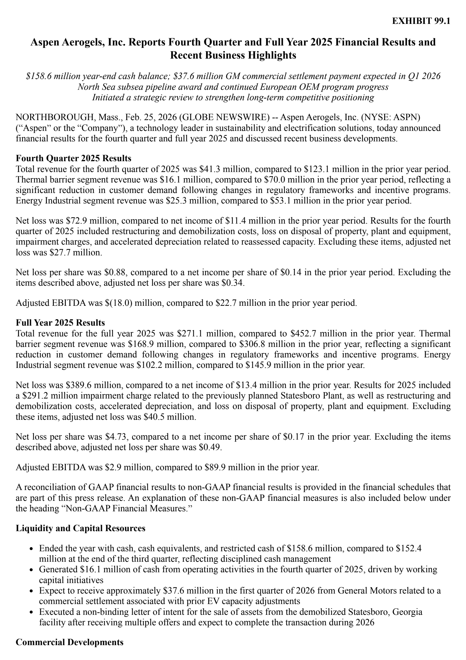 Aspen Aerogels' Q4 2025 Press Release