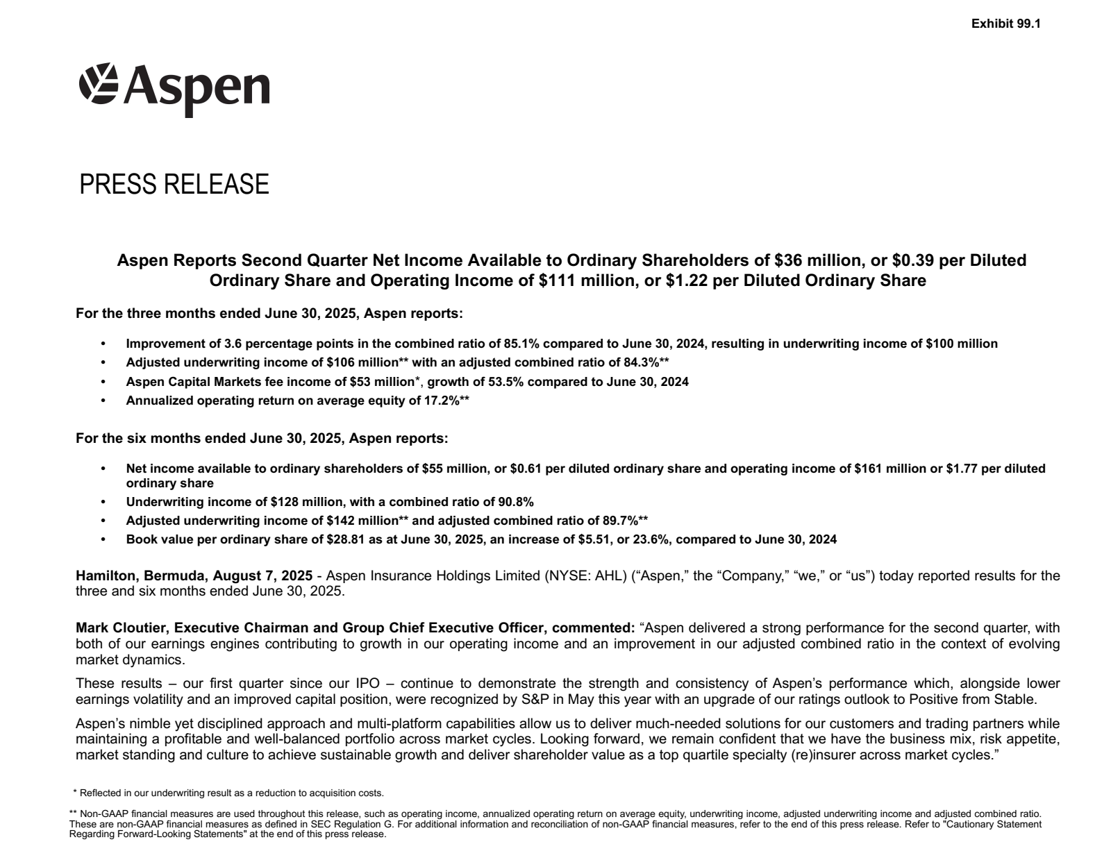 Aspen Insurance's Q2 2025 Press Release
