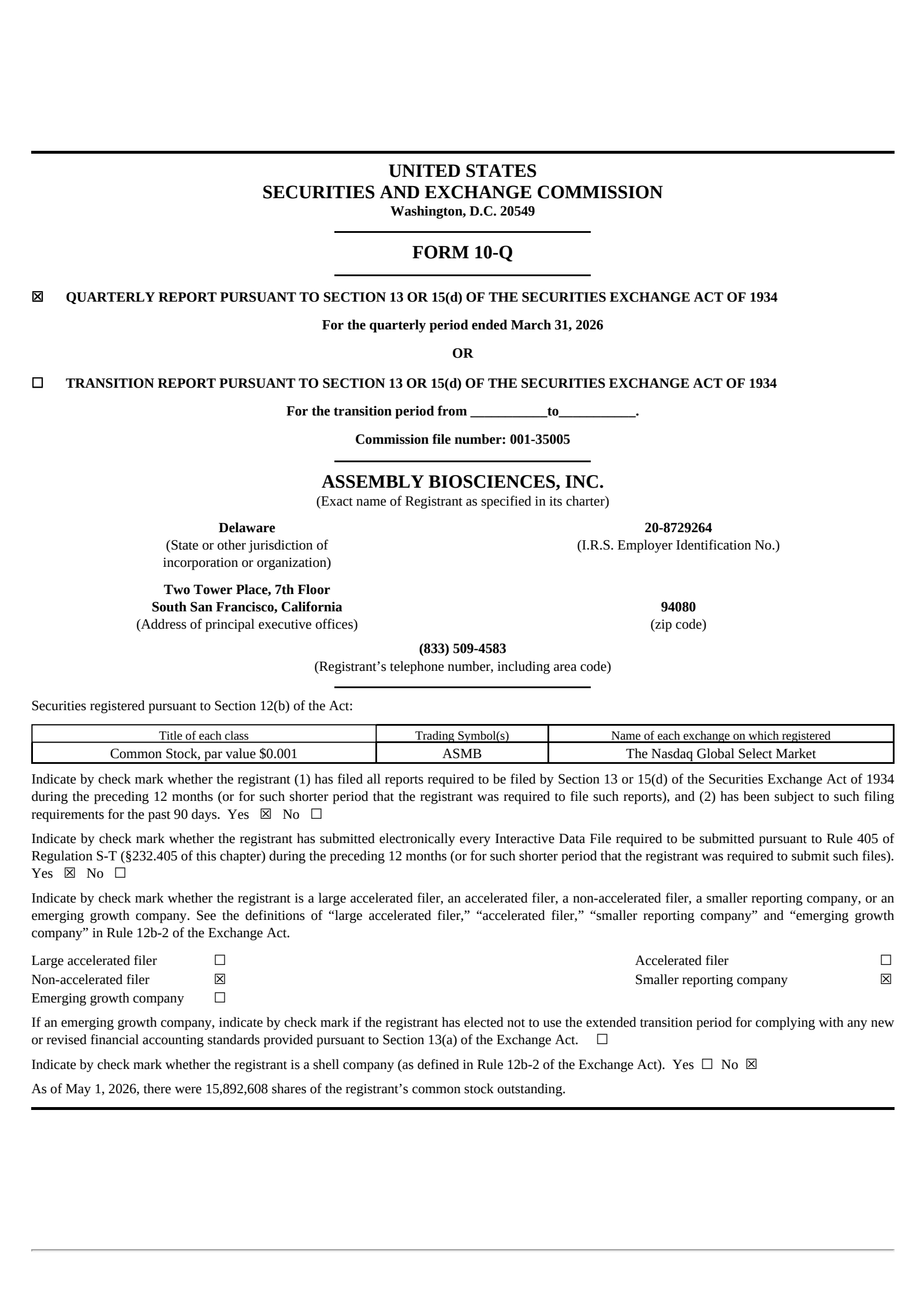 Assembly Biosciences' Q1 2026 Quarterly report