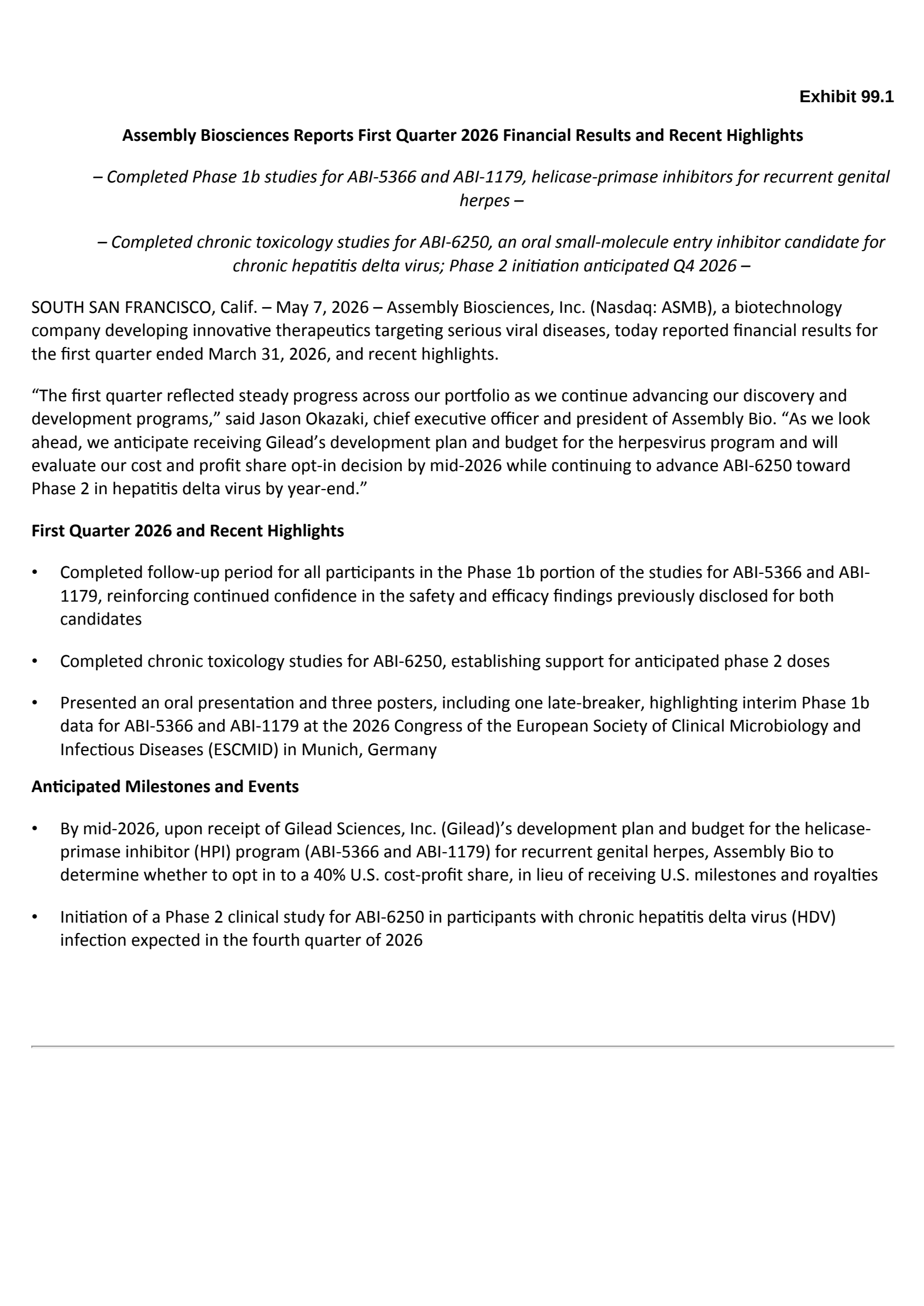 Assembly Biosciences' Q1 2026 Press Release