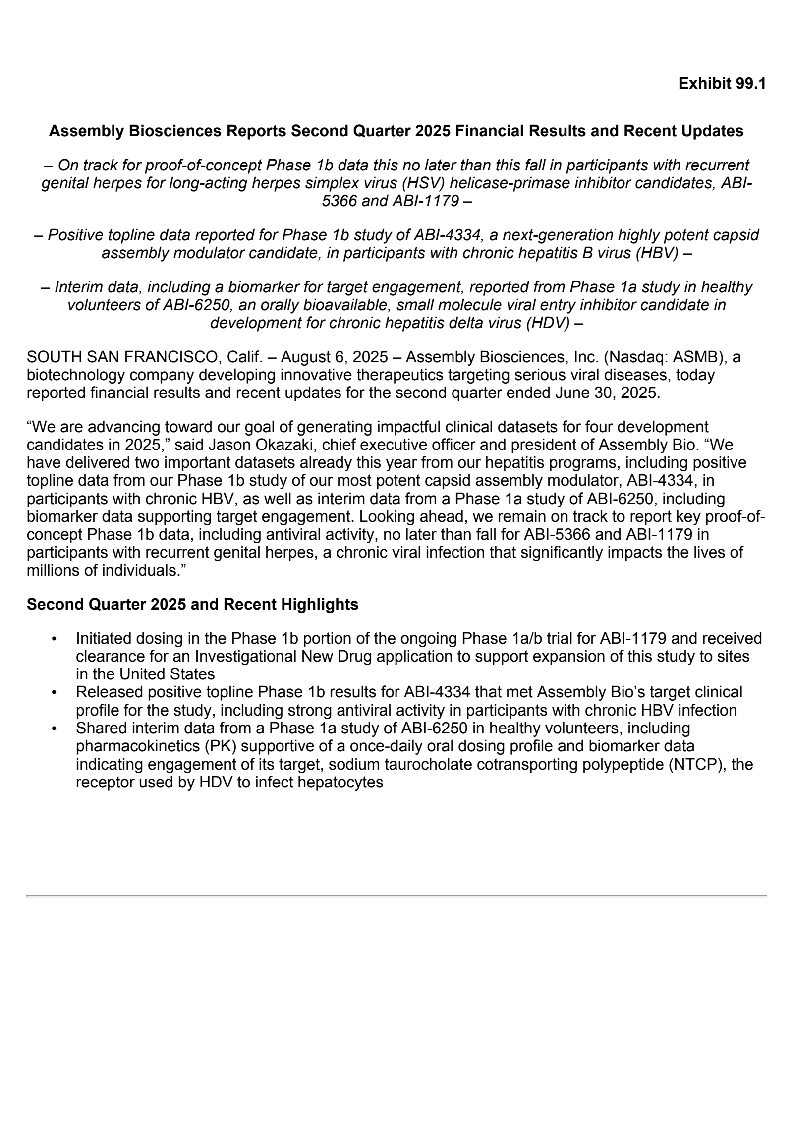 Assembly Biosciences' Q2 2025 Press Release