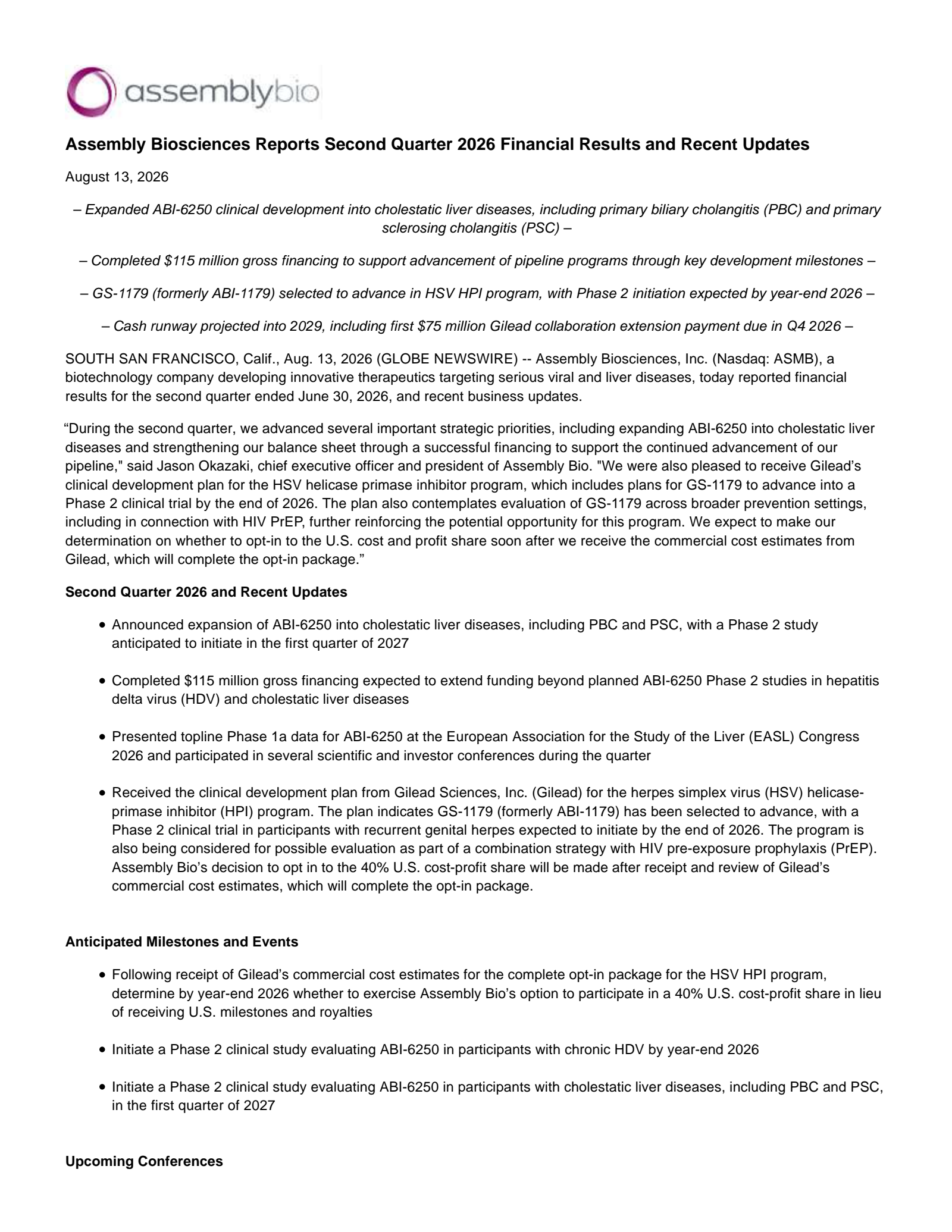 Assembly Biosciences' Q2 2026 Press Release