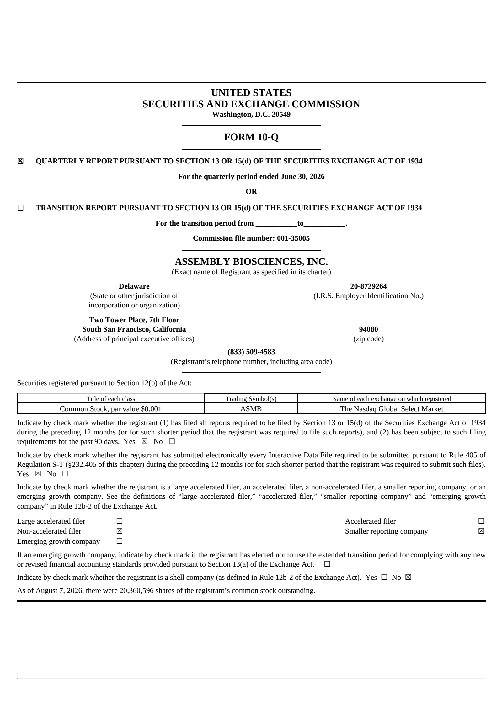 Assembly Biosciences' Q2 2026 Quarterly report