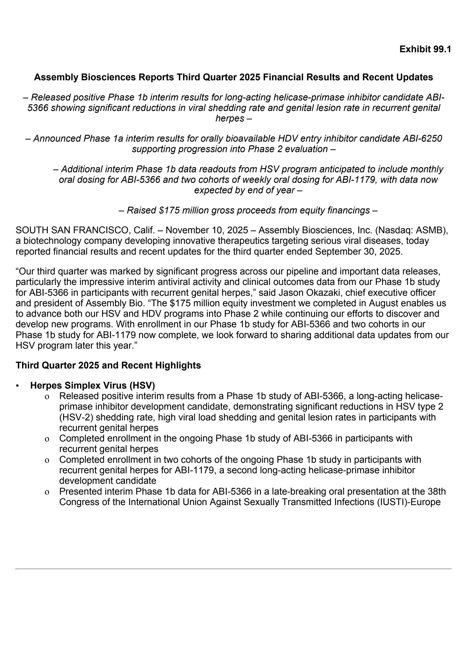 Assembly Biosciences' Q3 2025 Earnings Release