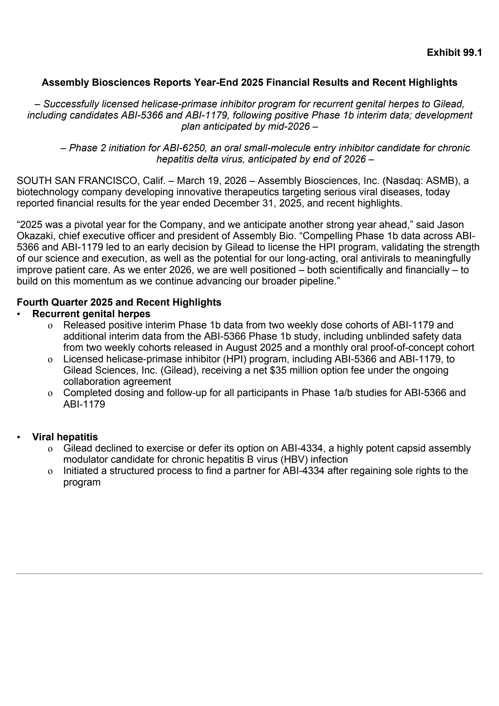 Assembly Biosciences' Q4 2025 Press Release