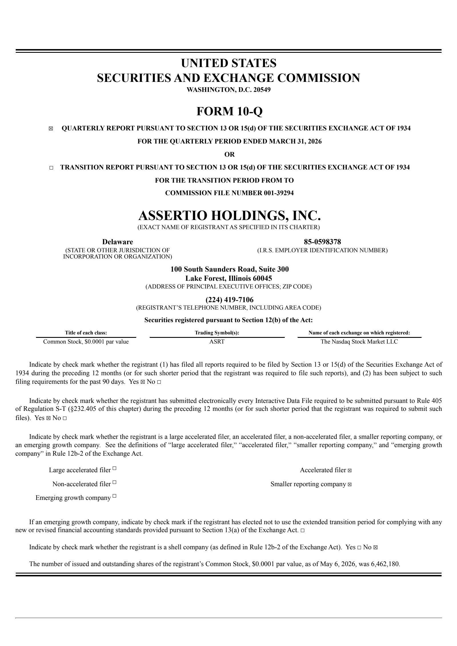 Assertio's Q1 2026 Quarterly report