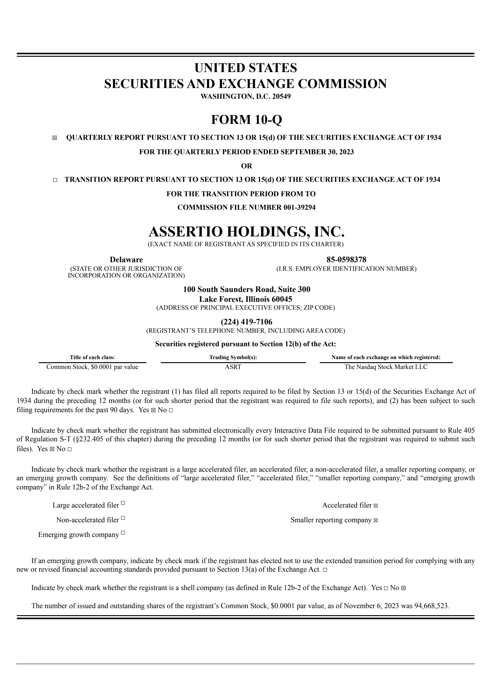 Assertio's Q3 2023 Quarterly report