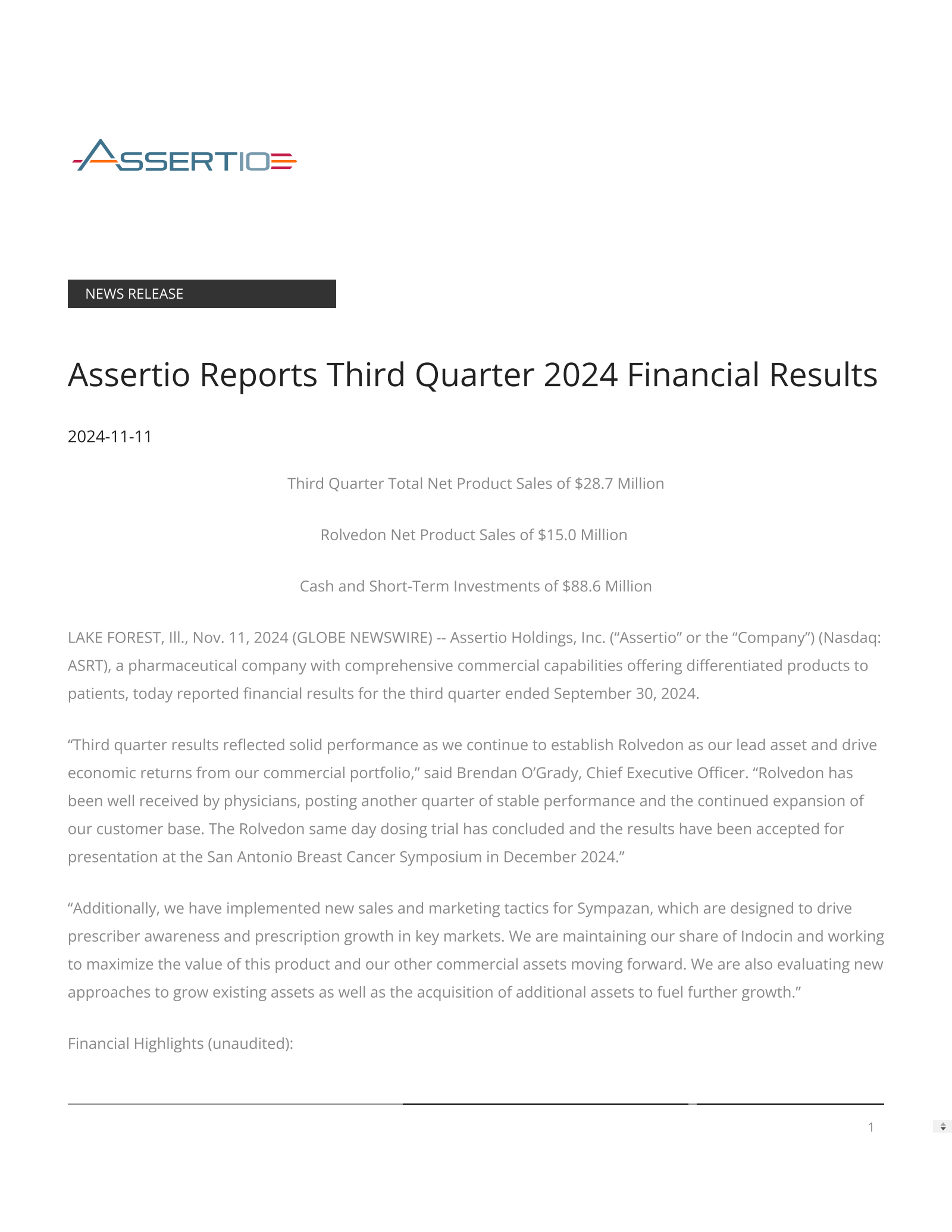 Assertio's Q3 2024 Press Release