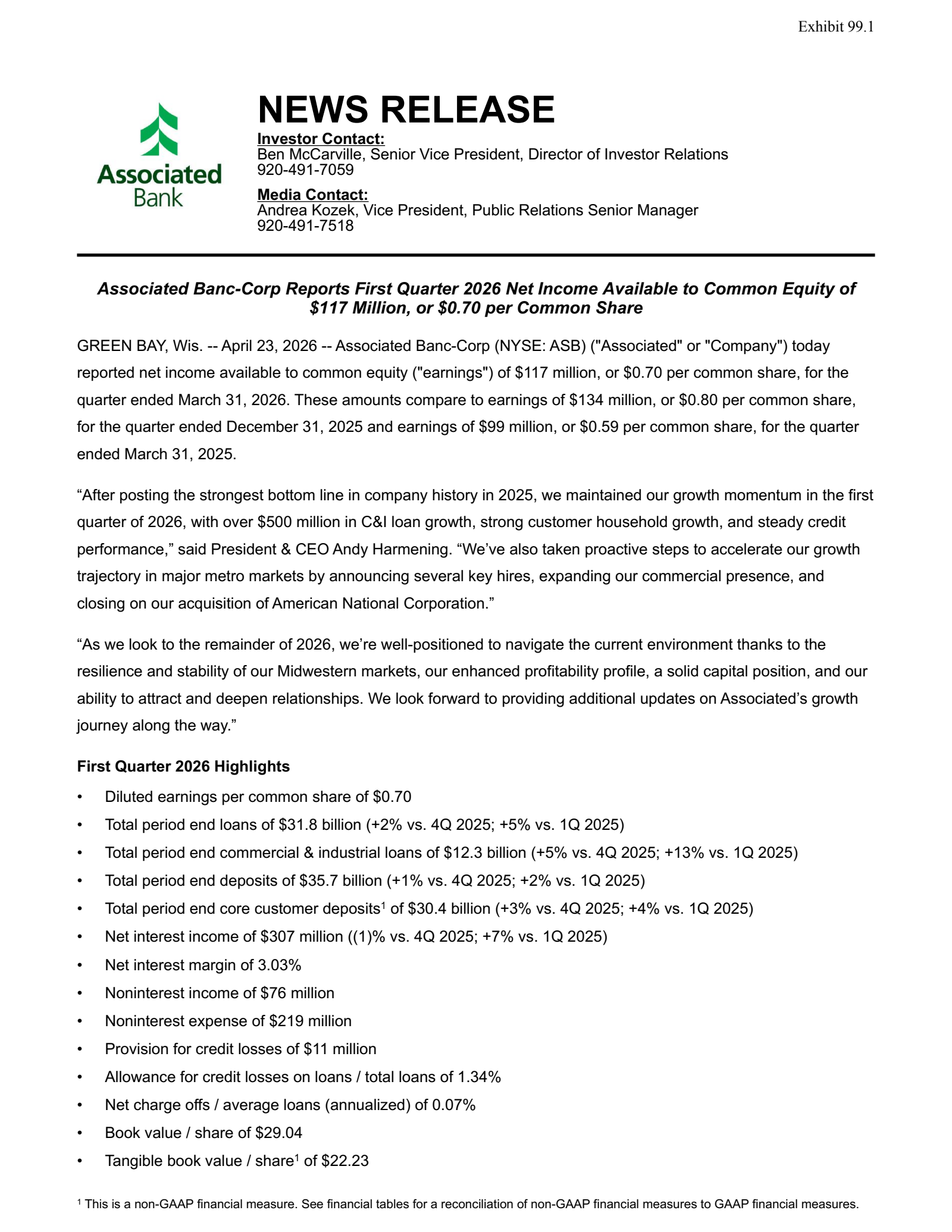 Associated Banc's Q1 2026 Press Release