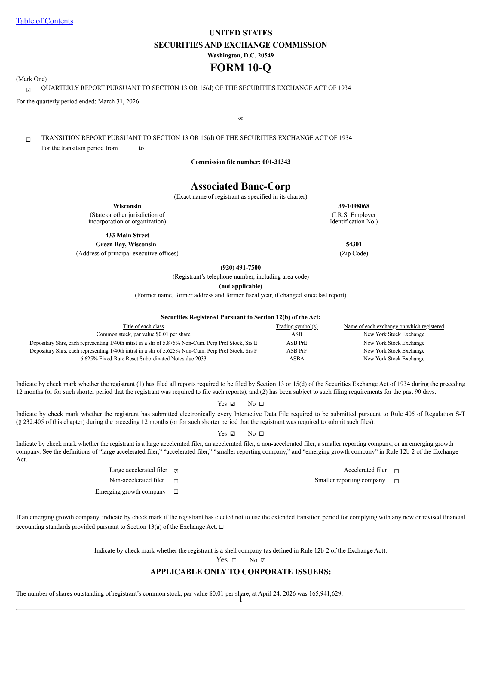 Associated Banc's Q1 2026 Quarterly report