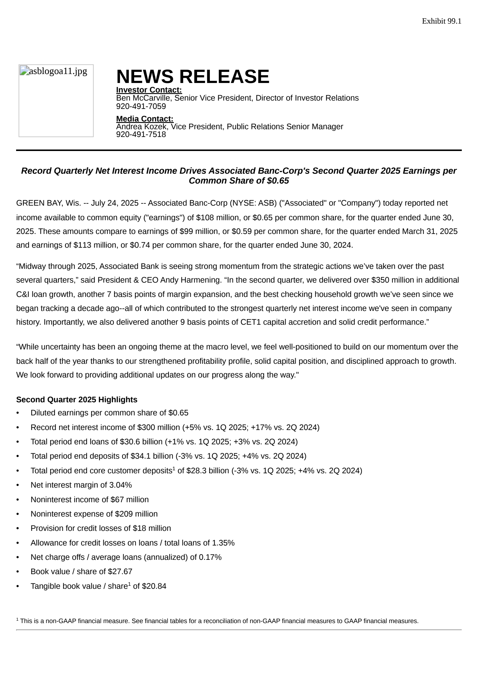 Associated Banc's Q2 2025 Press Release