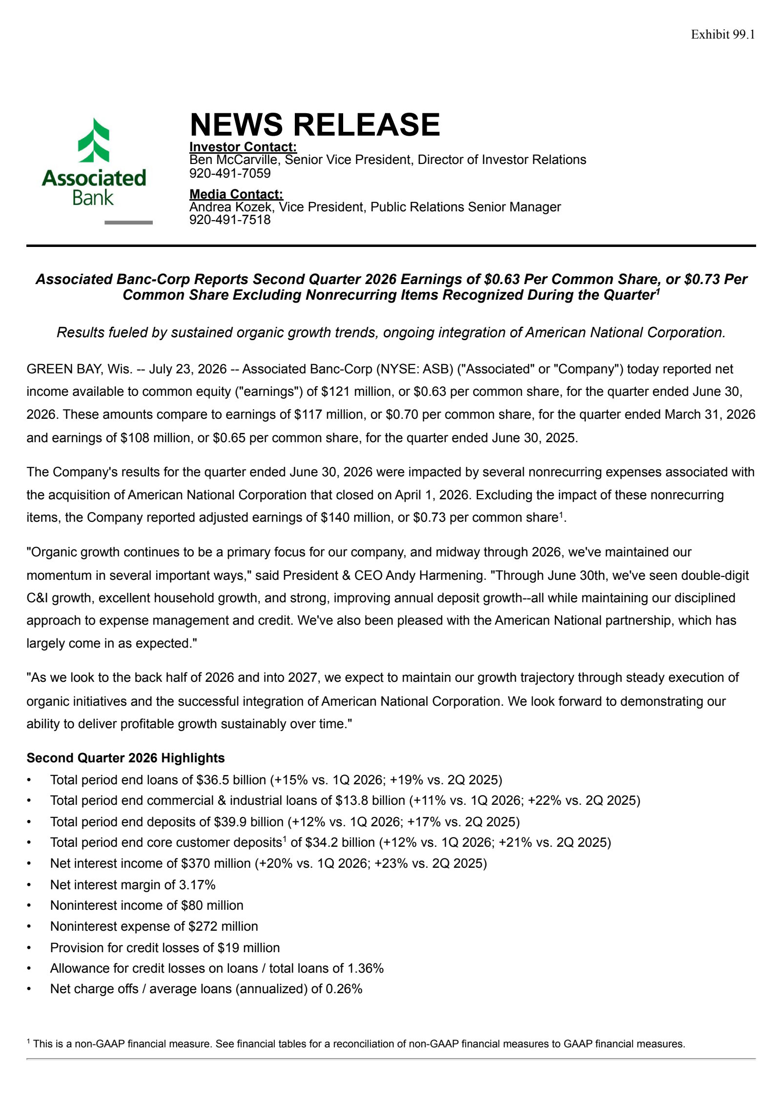 Associated Banc's Q2 2026 Press Release