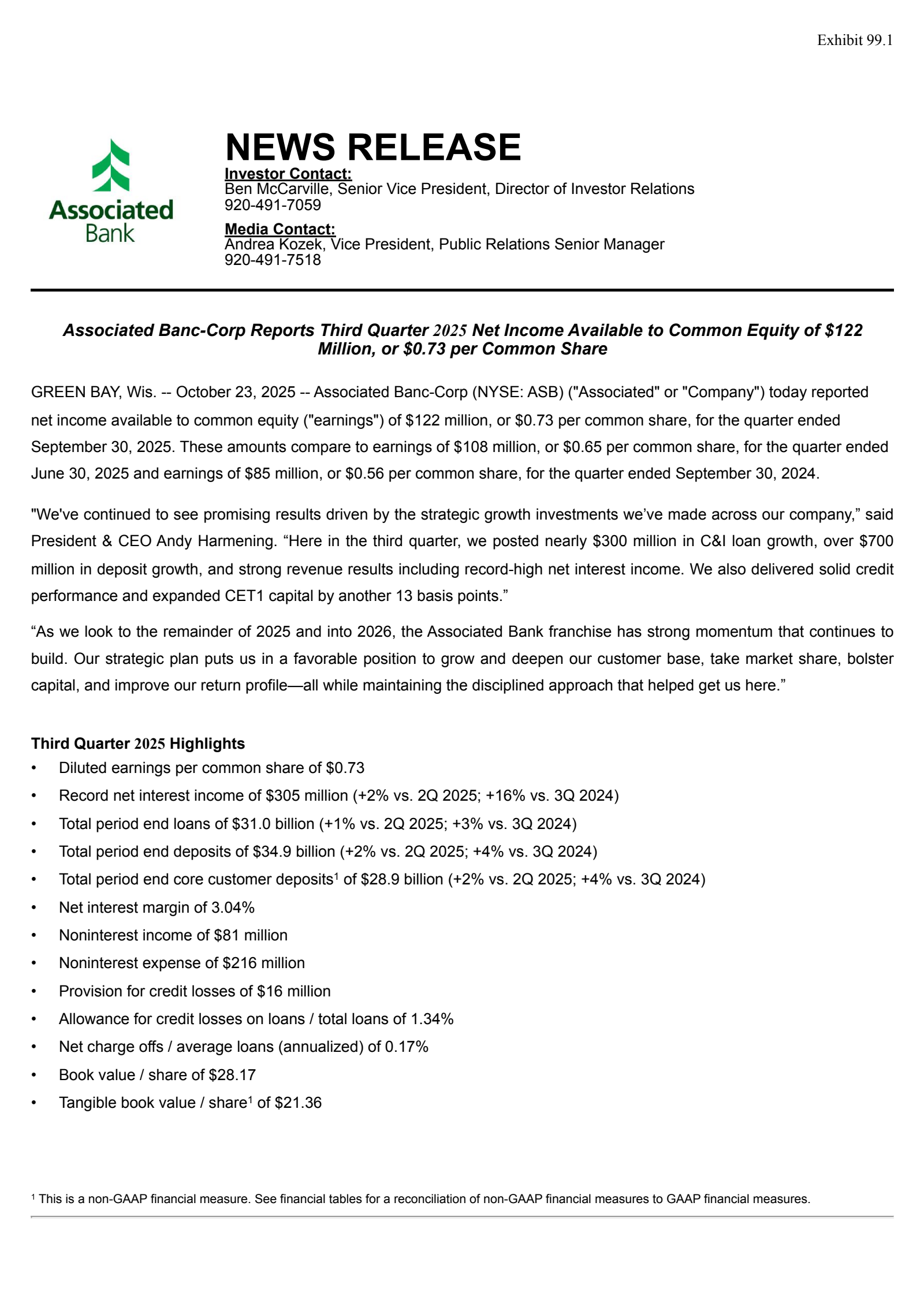 Associated Banc's Q3 2025 Earnings Release