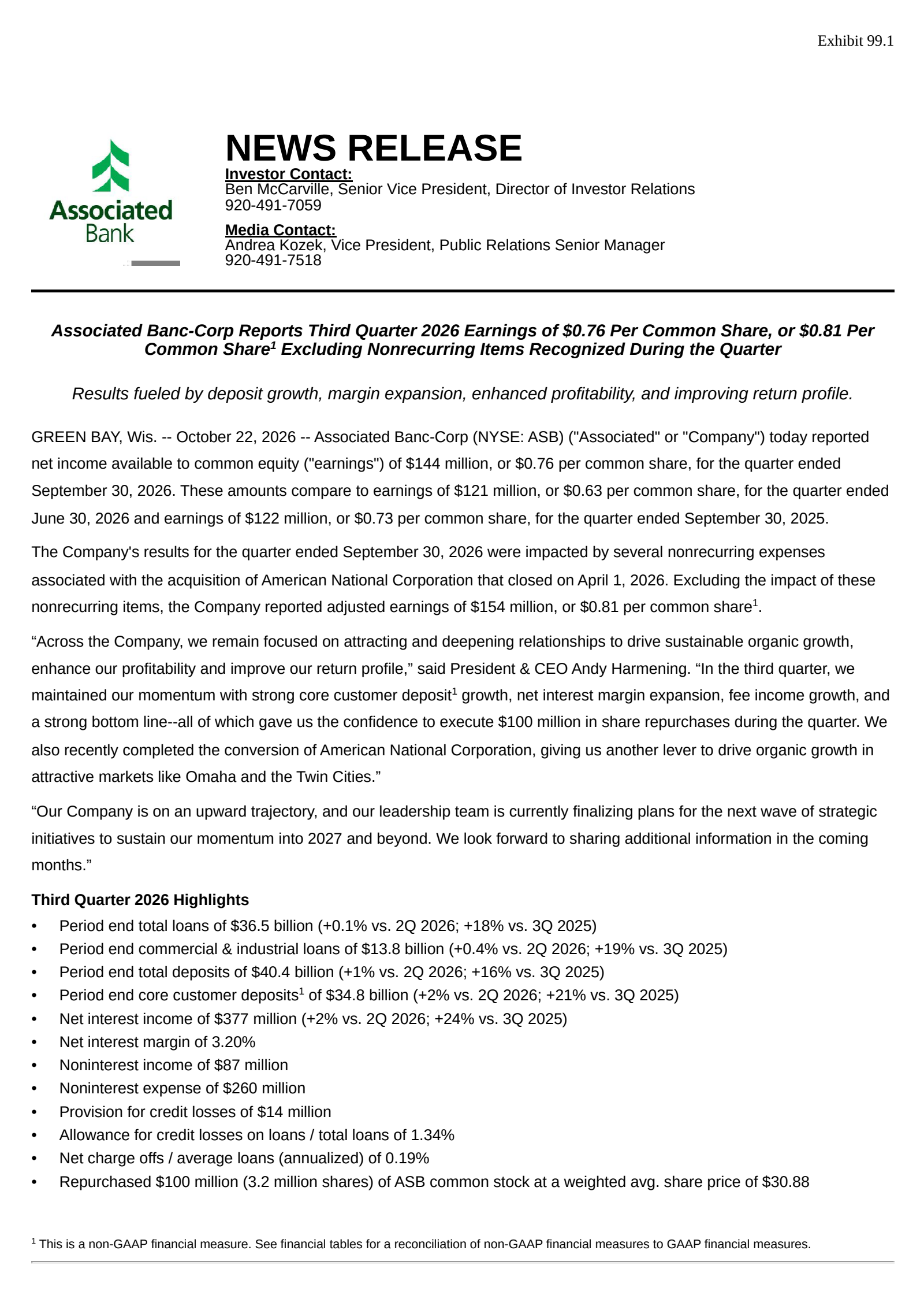 Associated Banc (ASB) Q3 2026 Earnings Results & Call Transcript