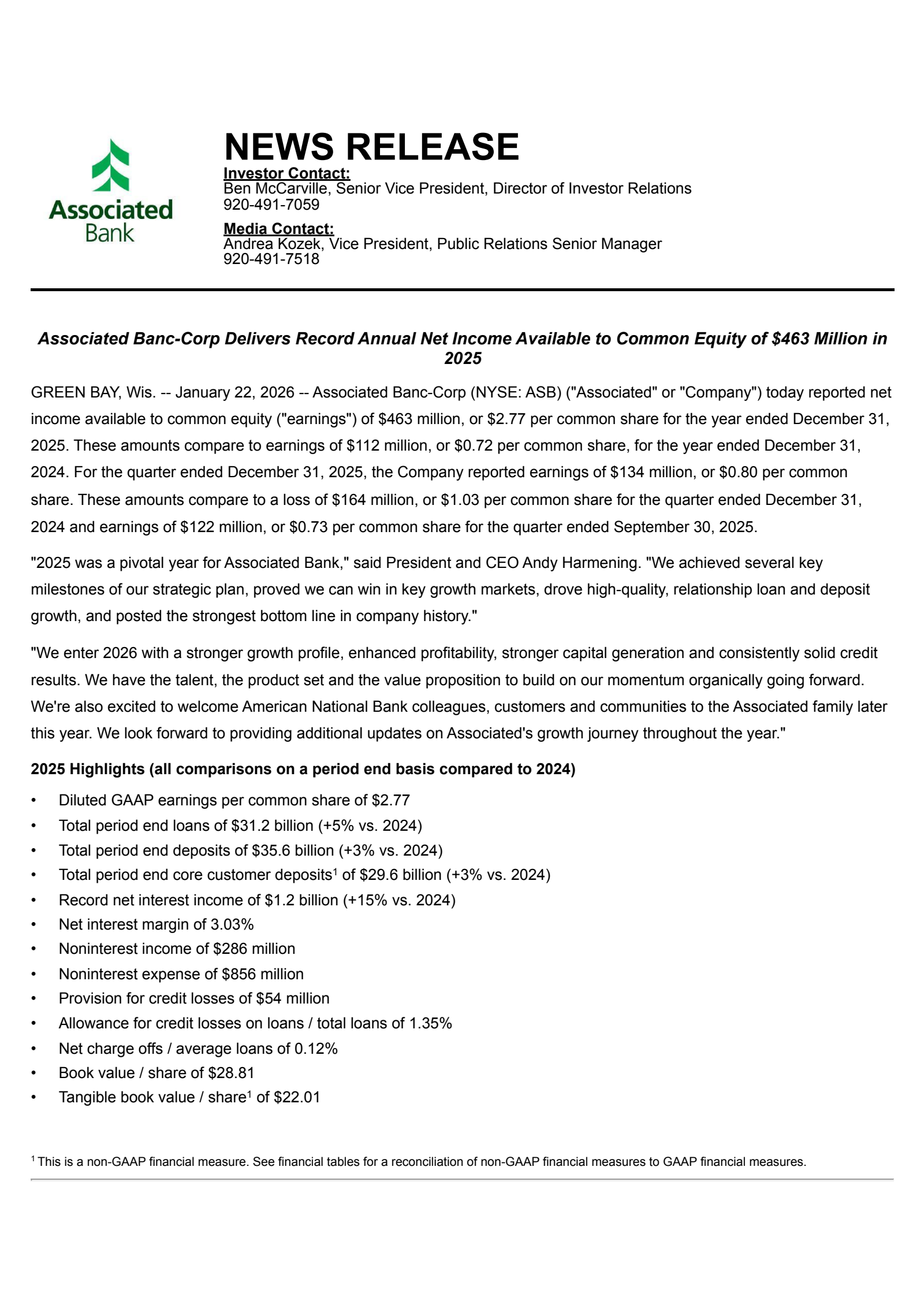 Associated Banc's Q4 2025 Press Release