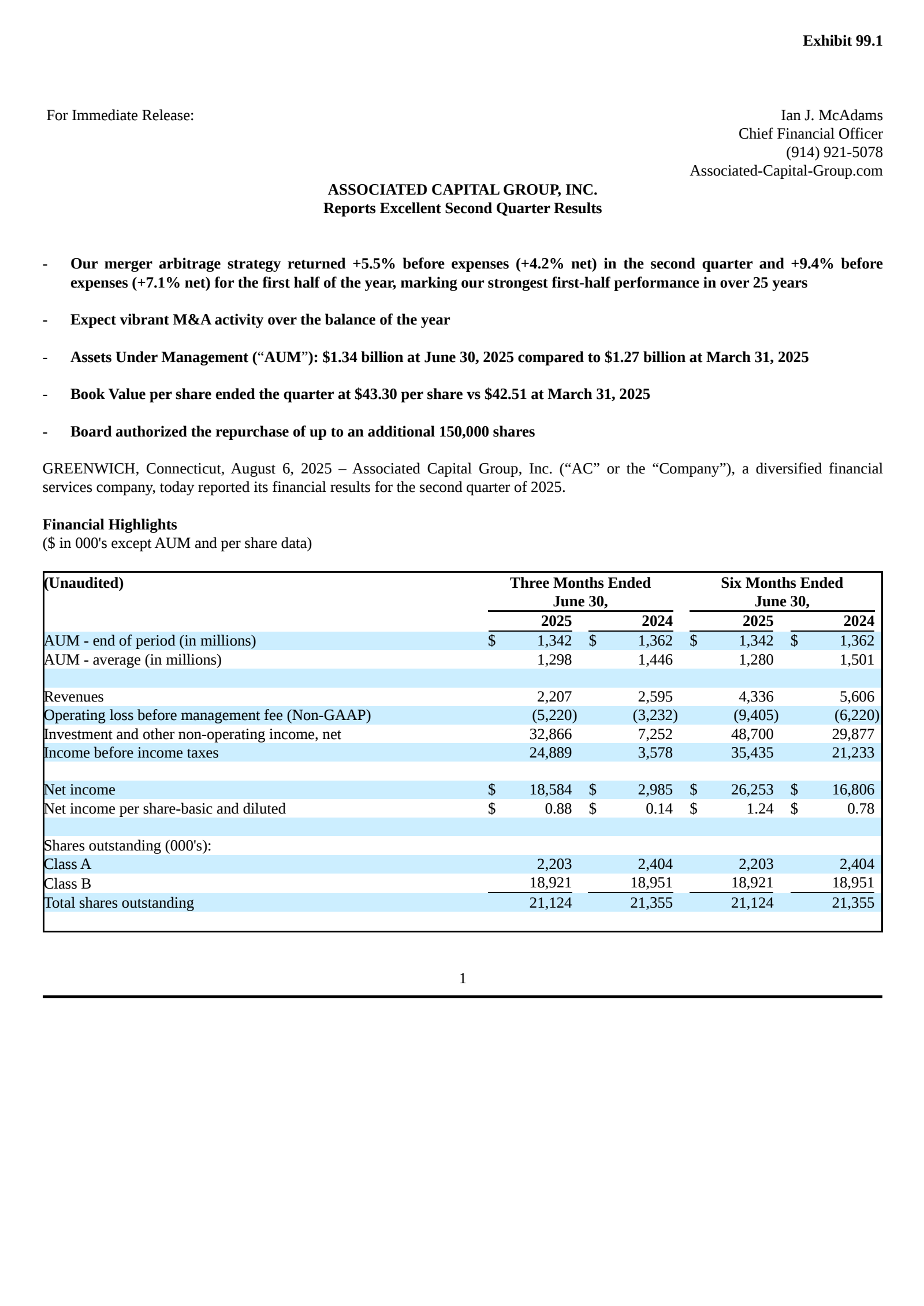 Associated Capital Group's Q2 2025 Press Release