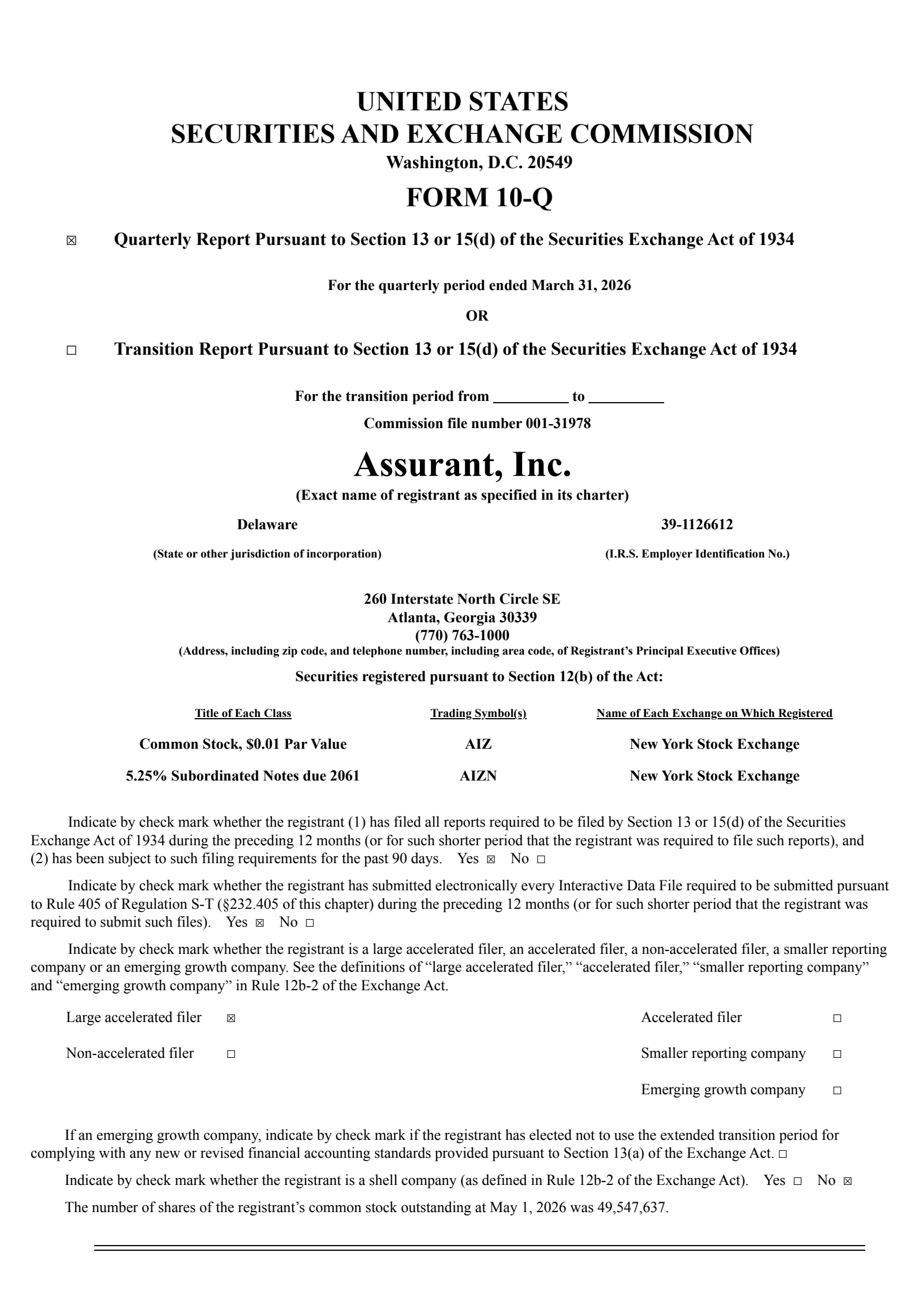 Assurant's Q1 2026 Quarterly report