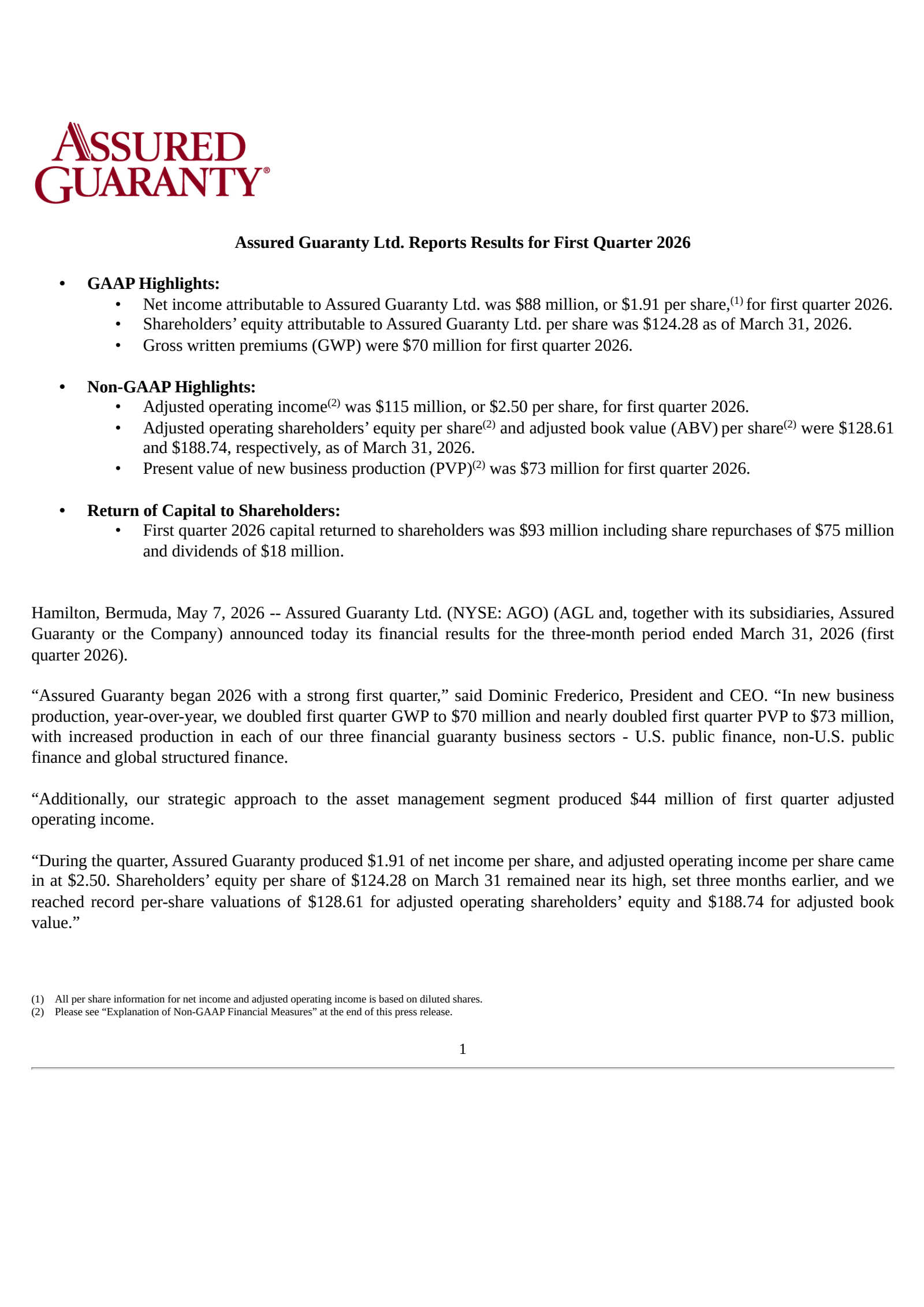 Assured Guaranty's Q1 2026 Press Release
