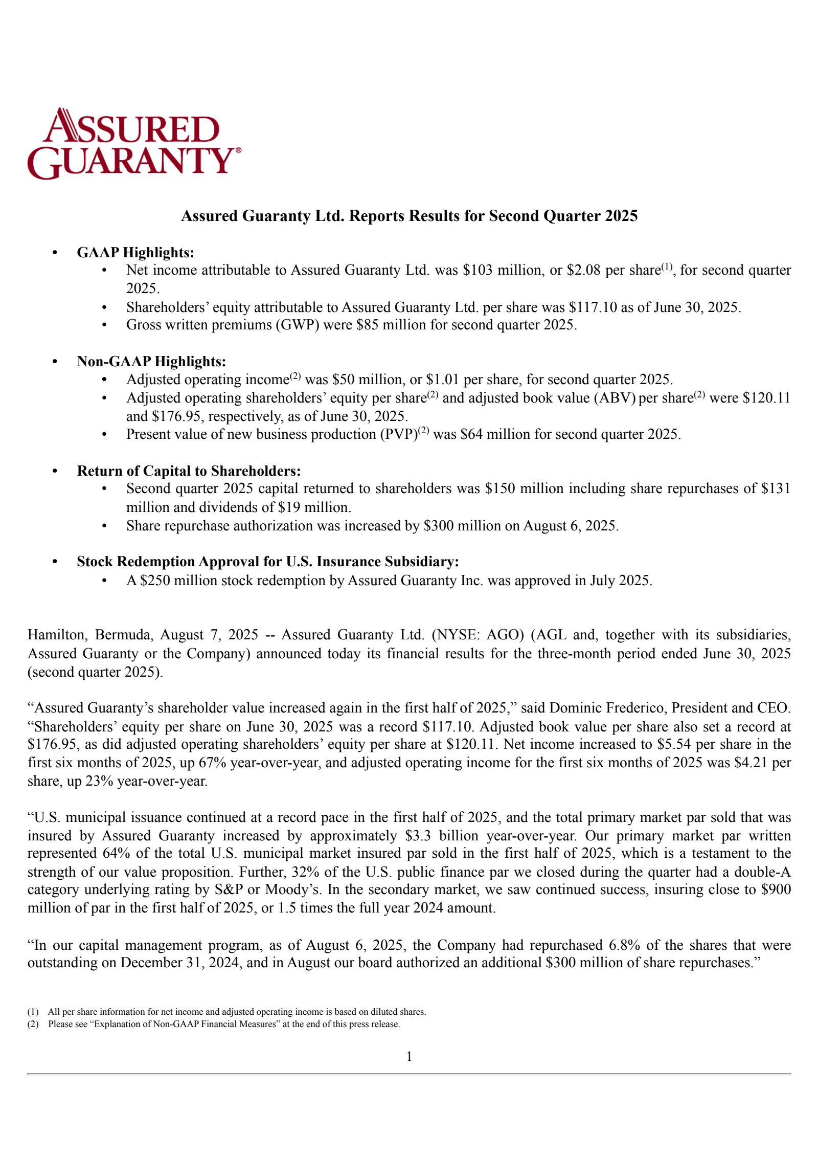Assured Guaranty's Q2 2025 Press Release