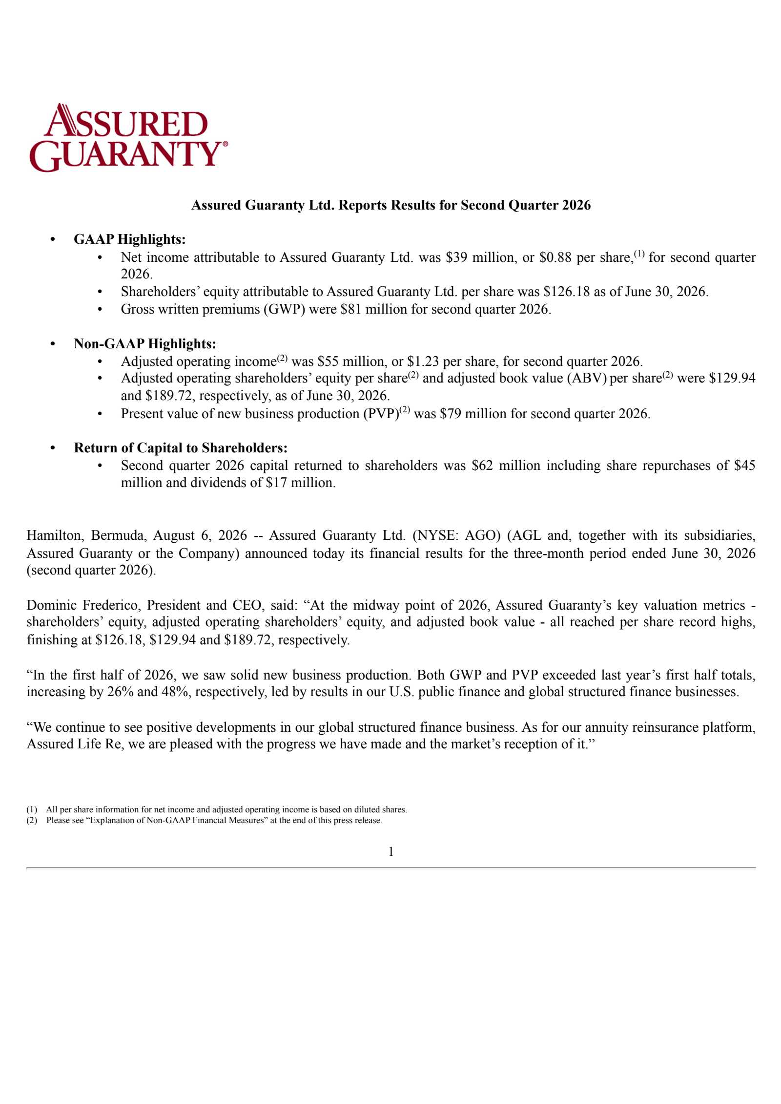 Assured Guaranty's Q2 2026 Press Release