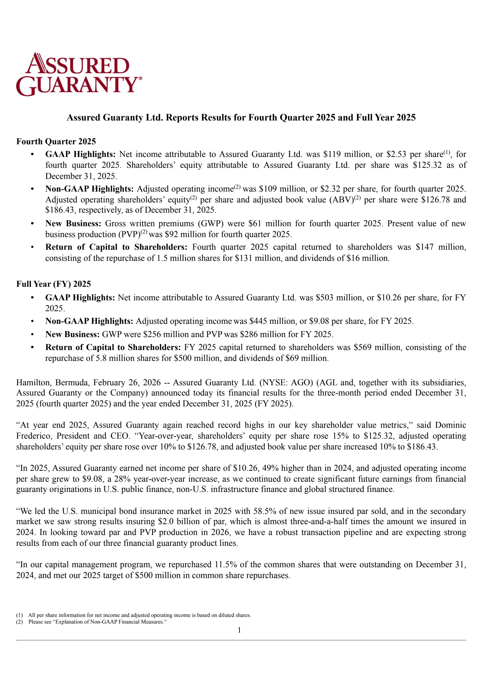Assured Guaranty's Q4 2025 Press Release