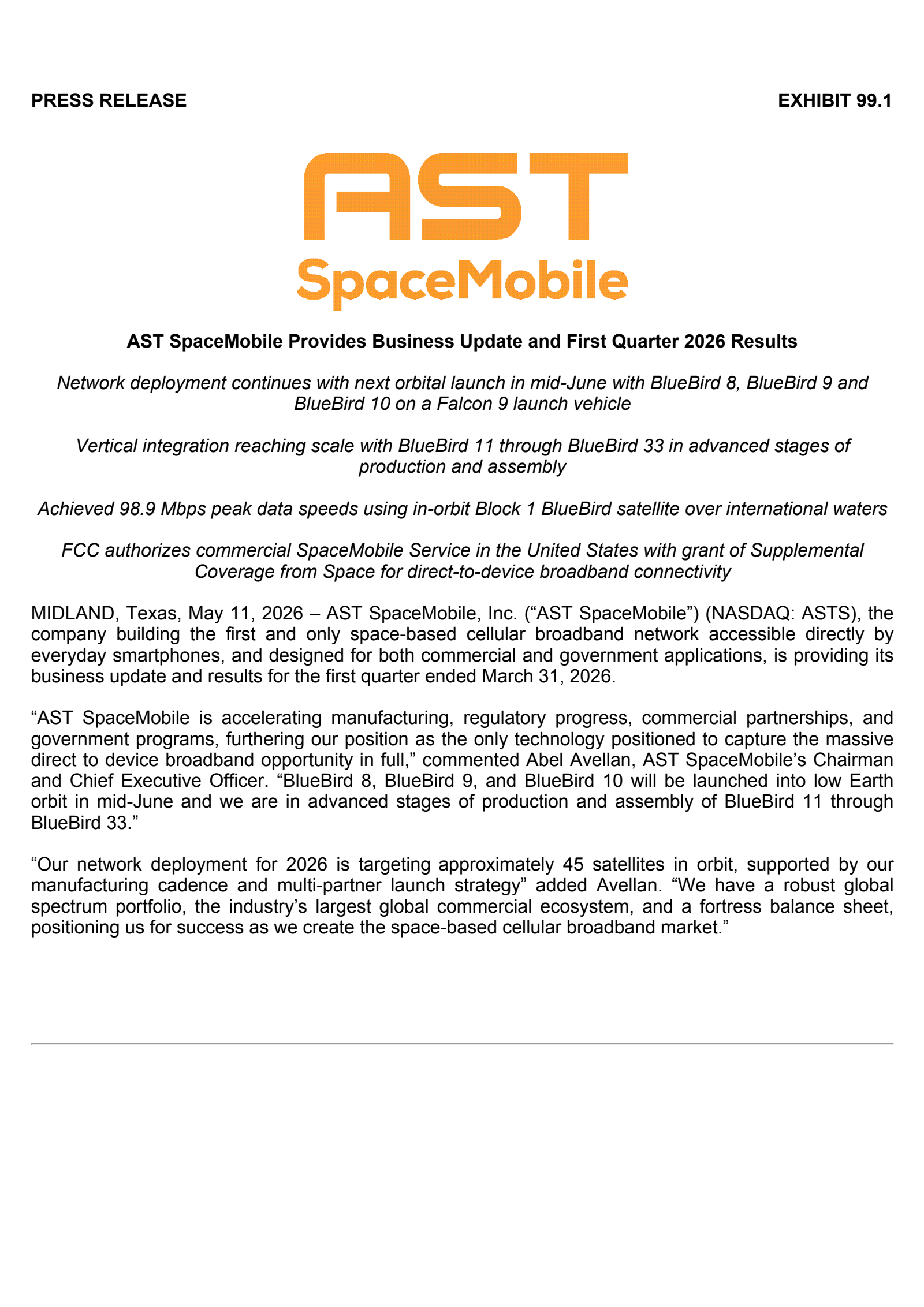 AST SpaceMobile's Q1 2026 Press Release