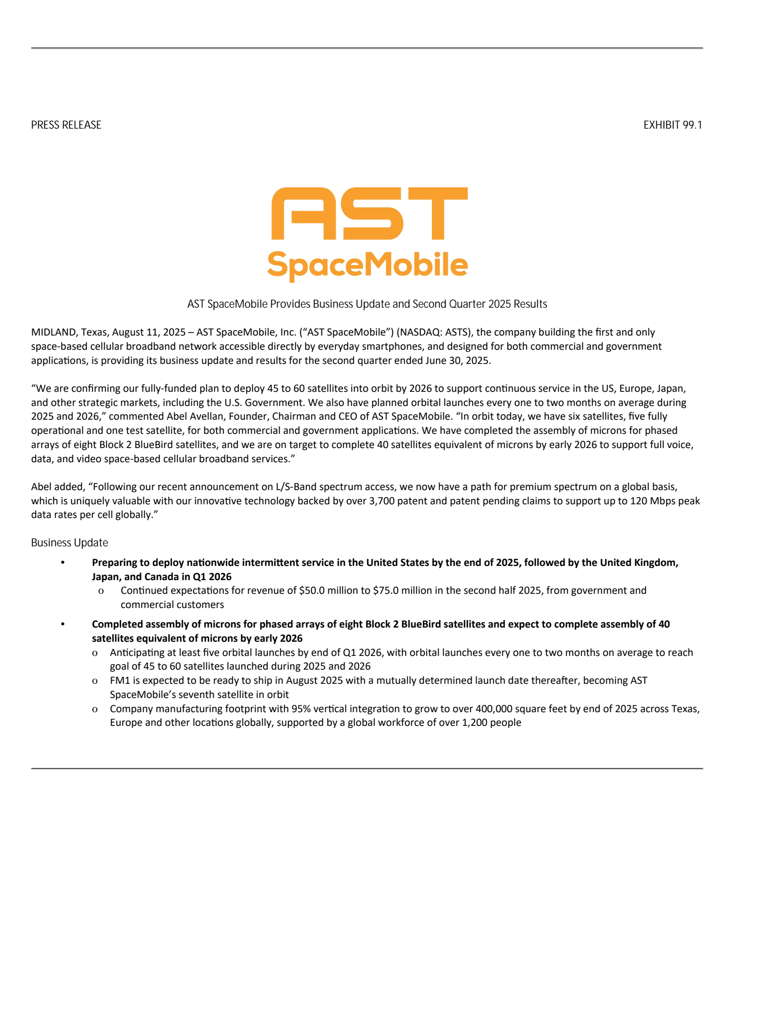 AST SpaceMobile's Q2 2025 Press Release
