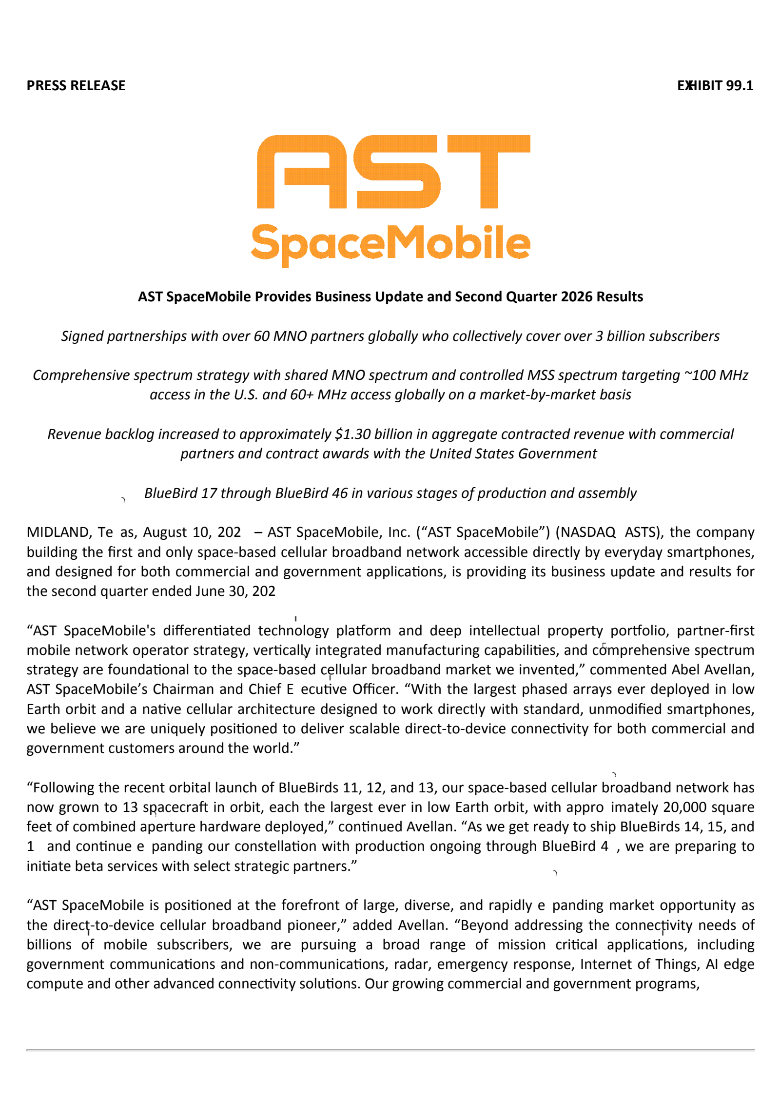 AST SpaceMobile's Q2 2026 Press Release