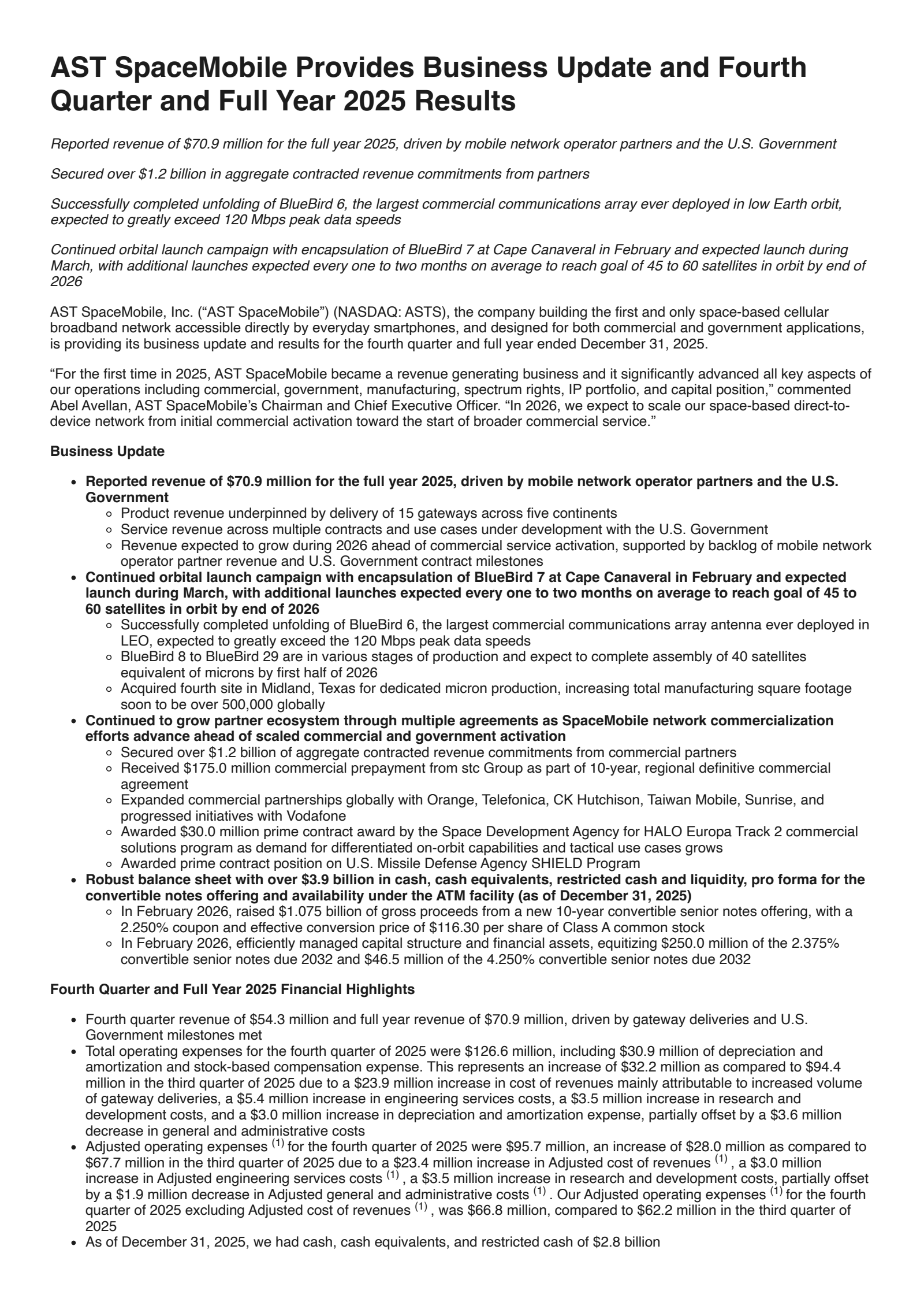 AST SpaceMobile's Q4 2025 Press Release