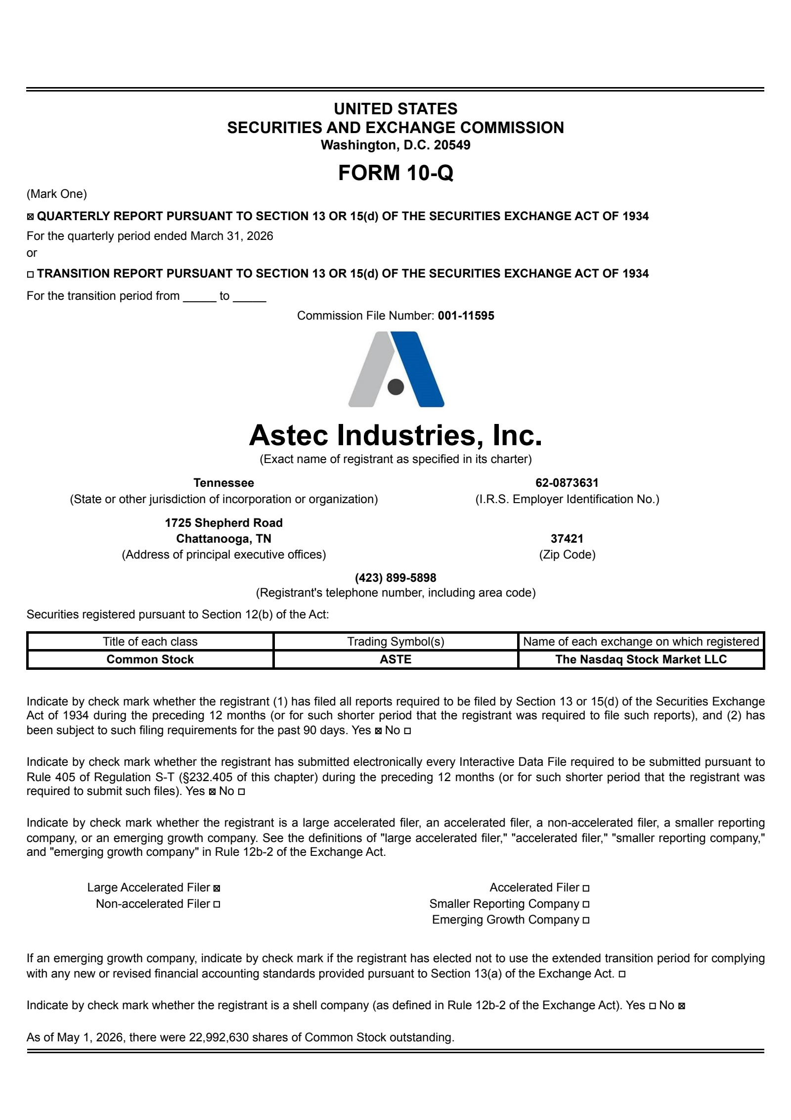 Astec Industries' Q1 2026 Quarterly report