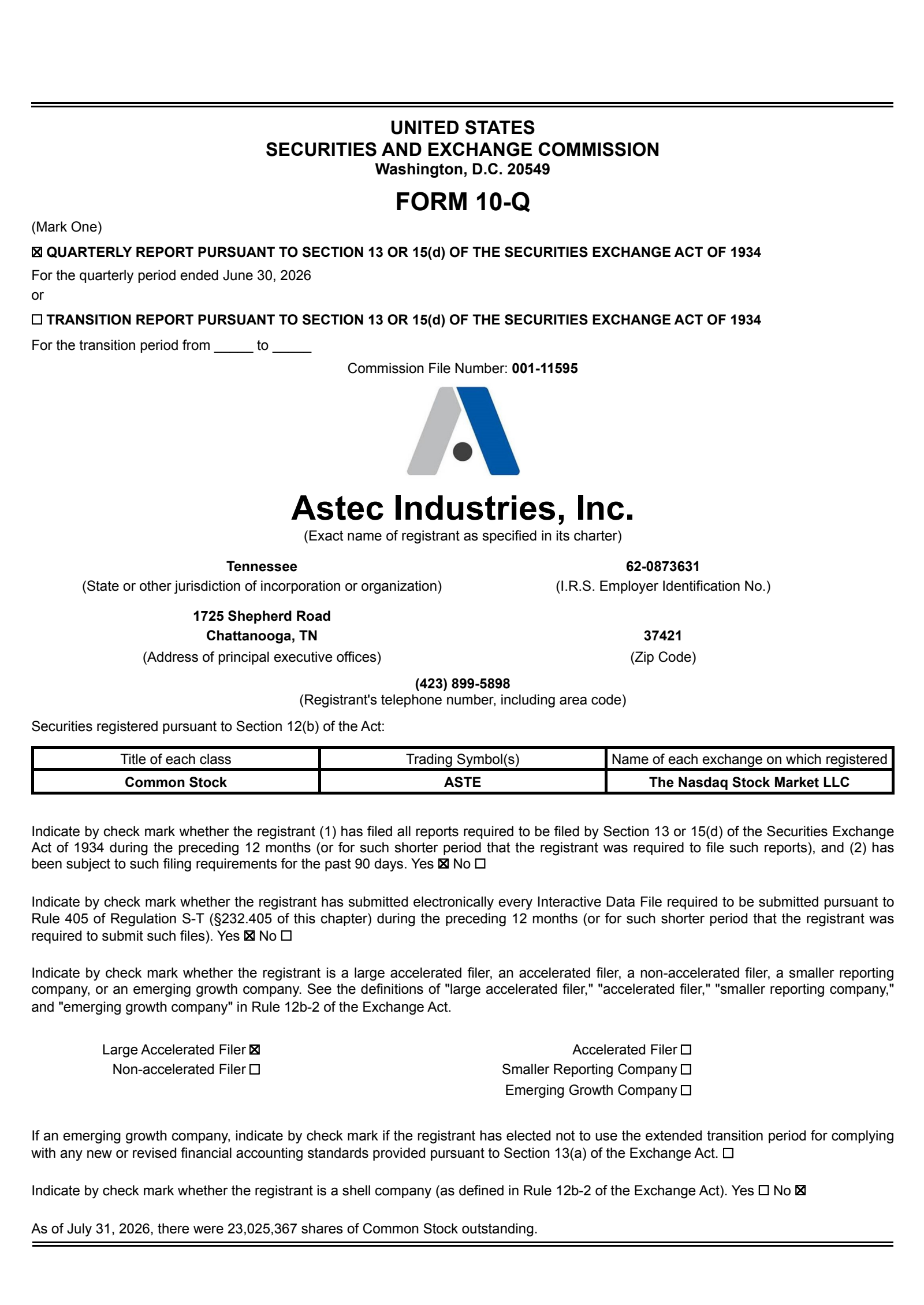Astec Industries' Q2 2026 Quarterly report