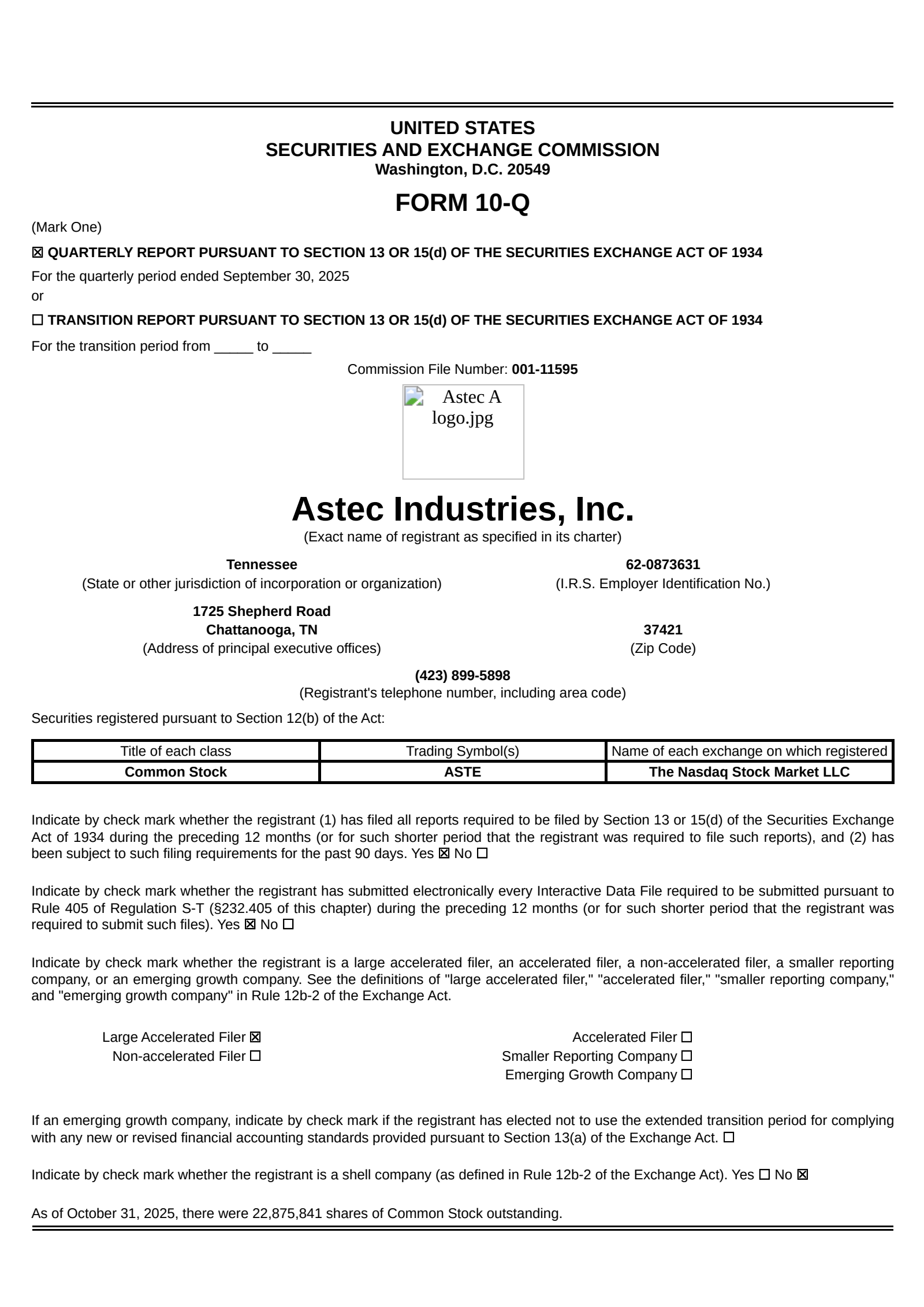 Astec Industries' Q3 2025 Quarterly Report
