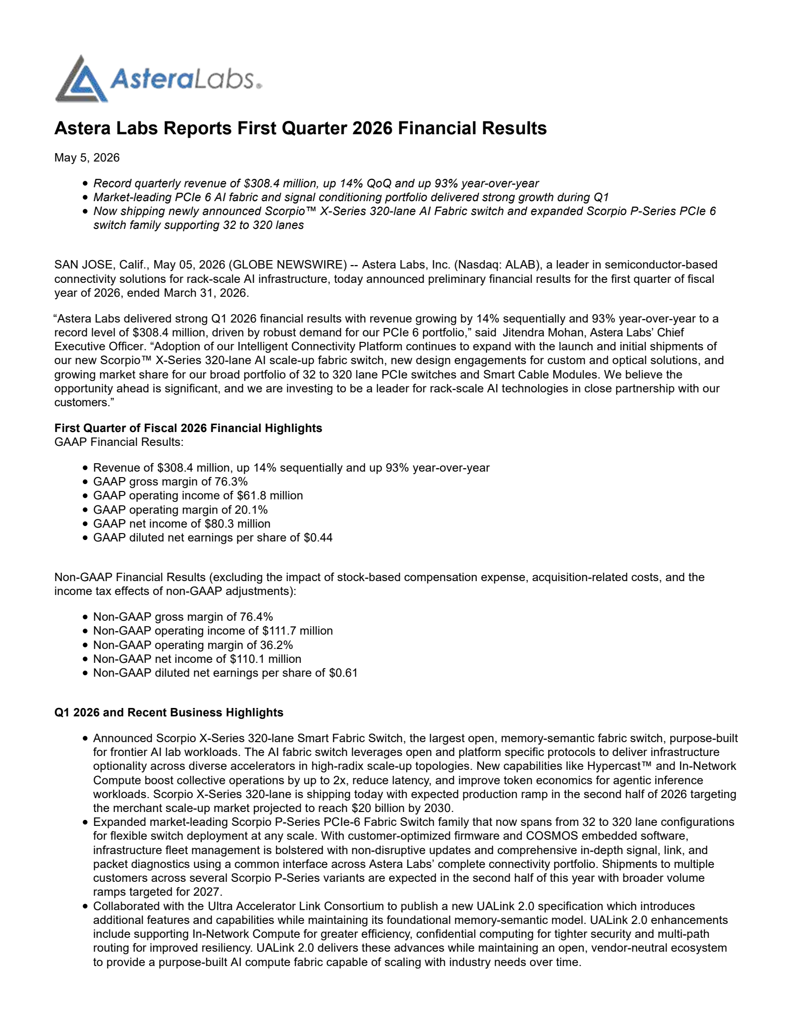 Astera Labs' Q1 2026 Press Release