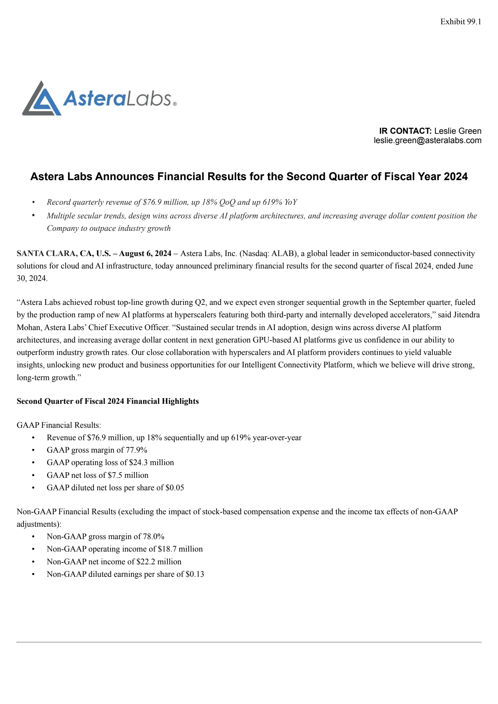 Astera Labs' Q2 2024 Press Release