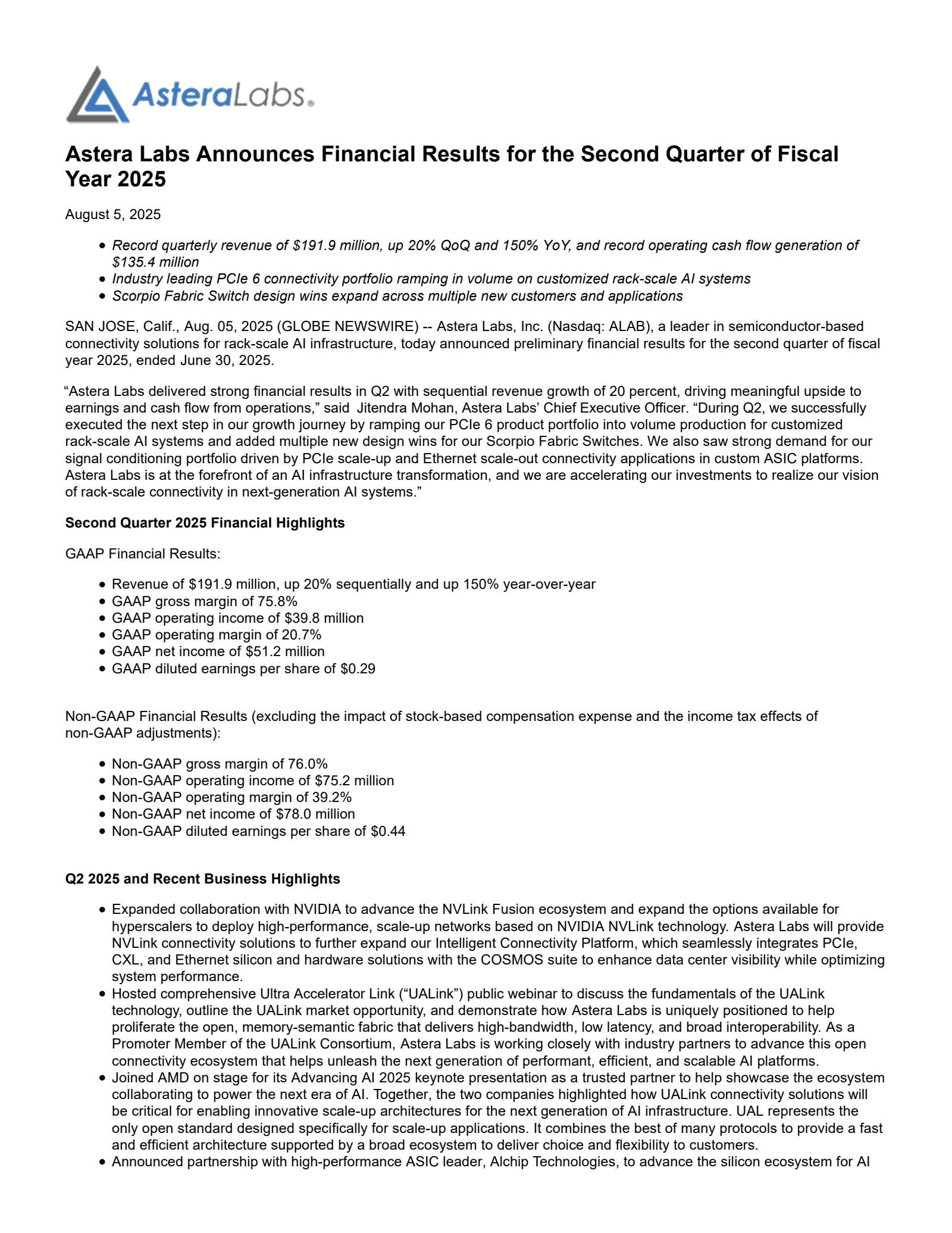 Astera Labs' Q2 2025 Press Release