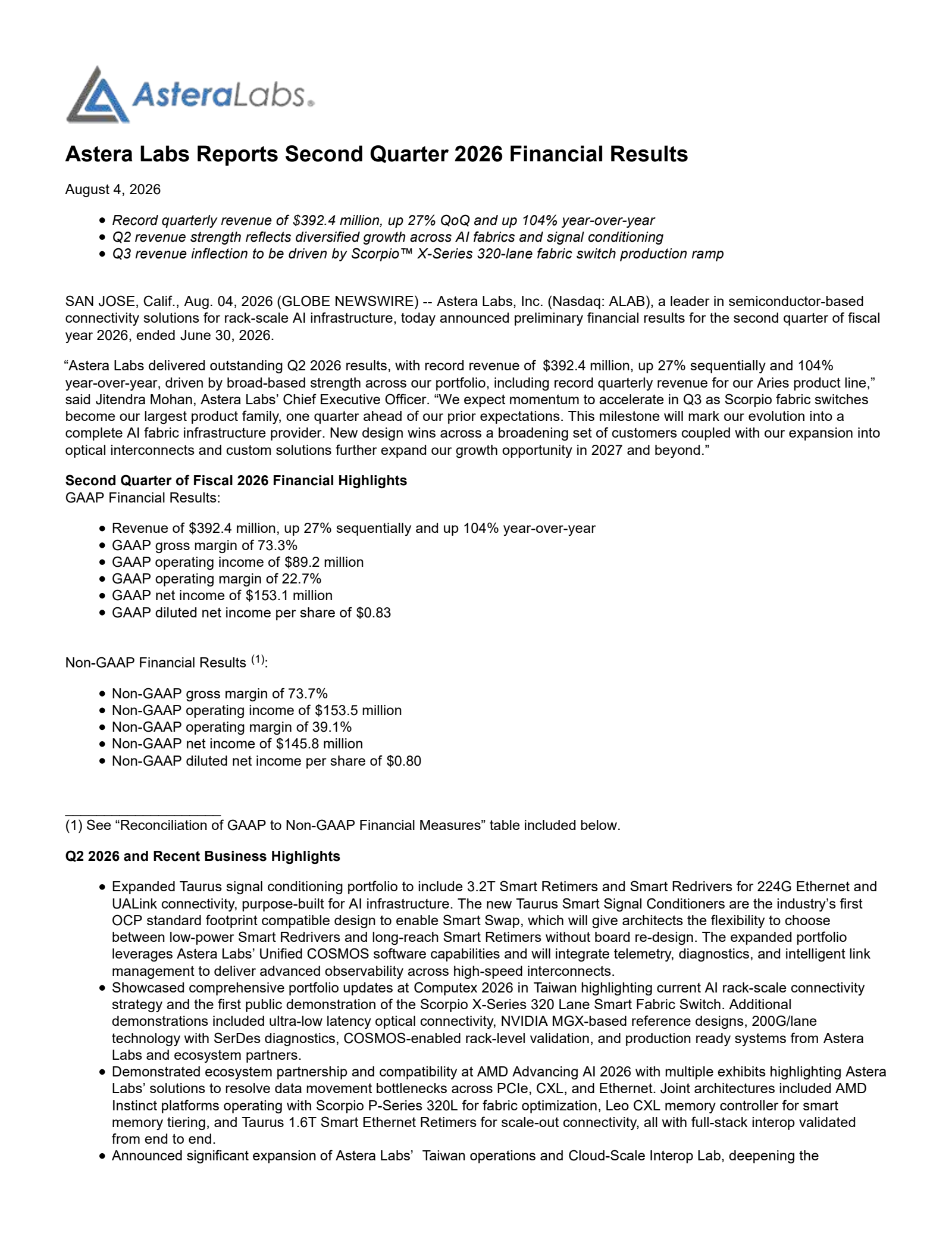 Astera Labs' Q2 2026 Press Release