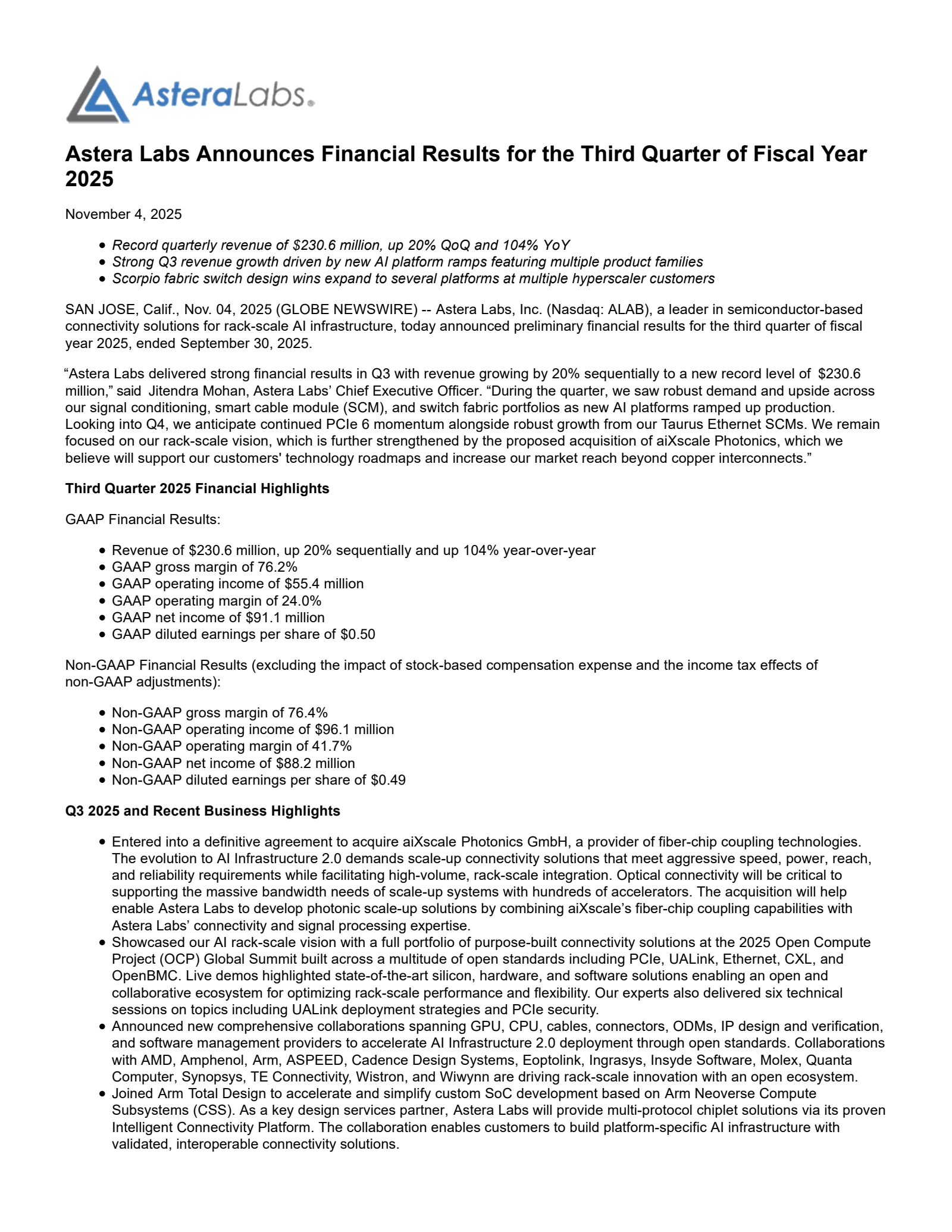 Astera Labs' Q3 2025 Earnings Release