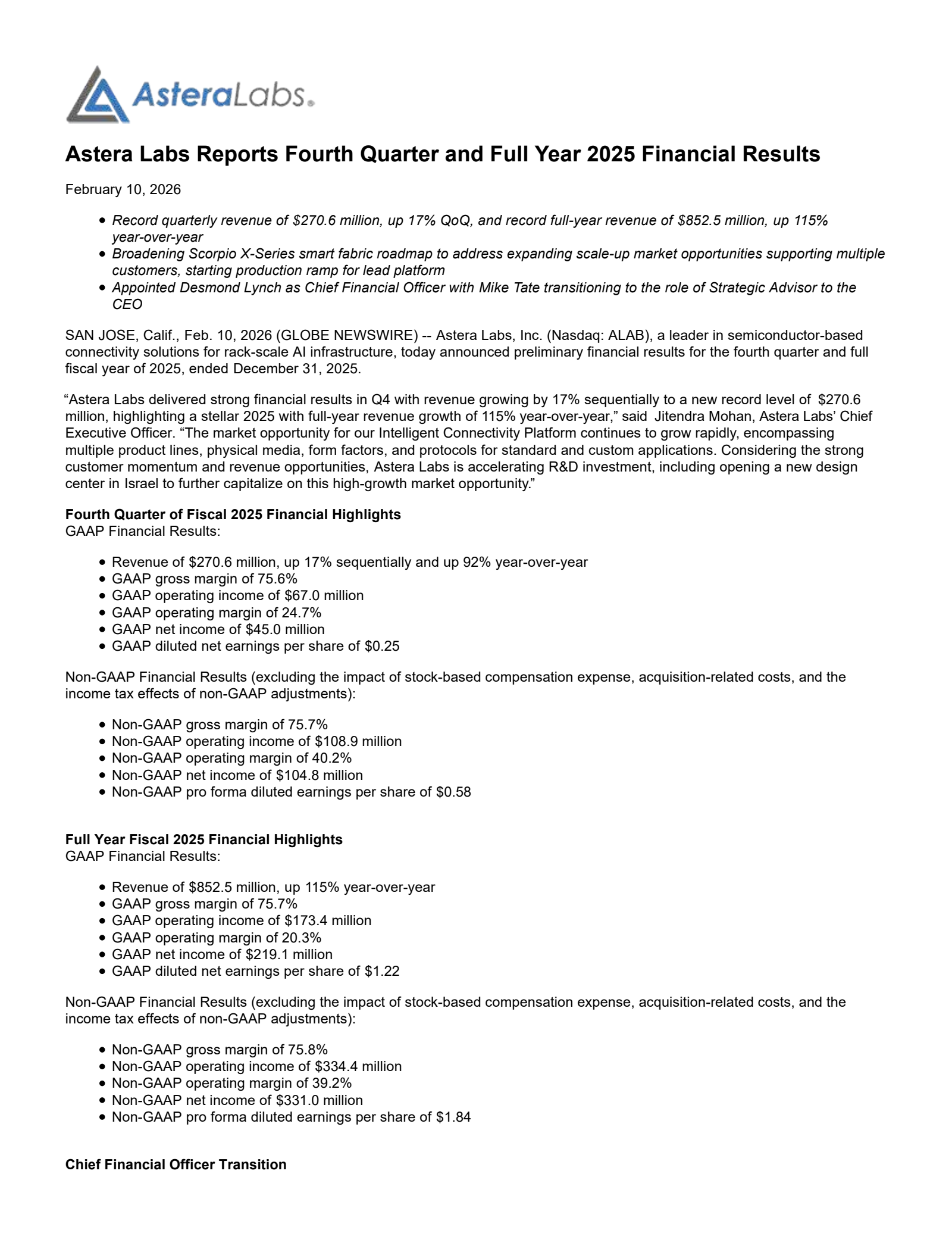 Astera Labs' Q4 2025 Press Release