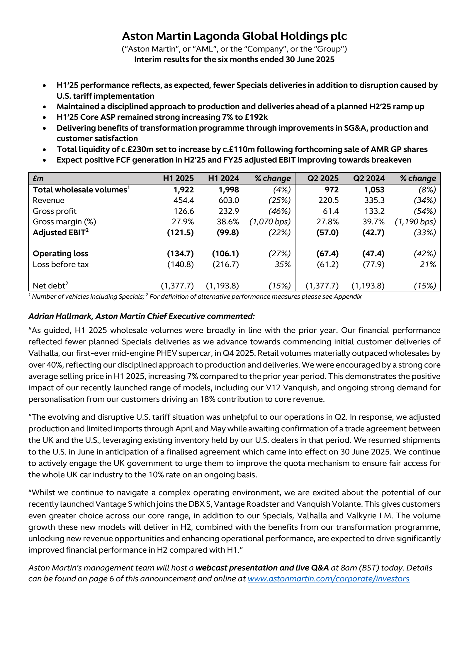 Aston Martin Lagonda Global's Q2 2025 Interim report