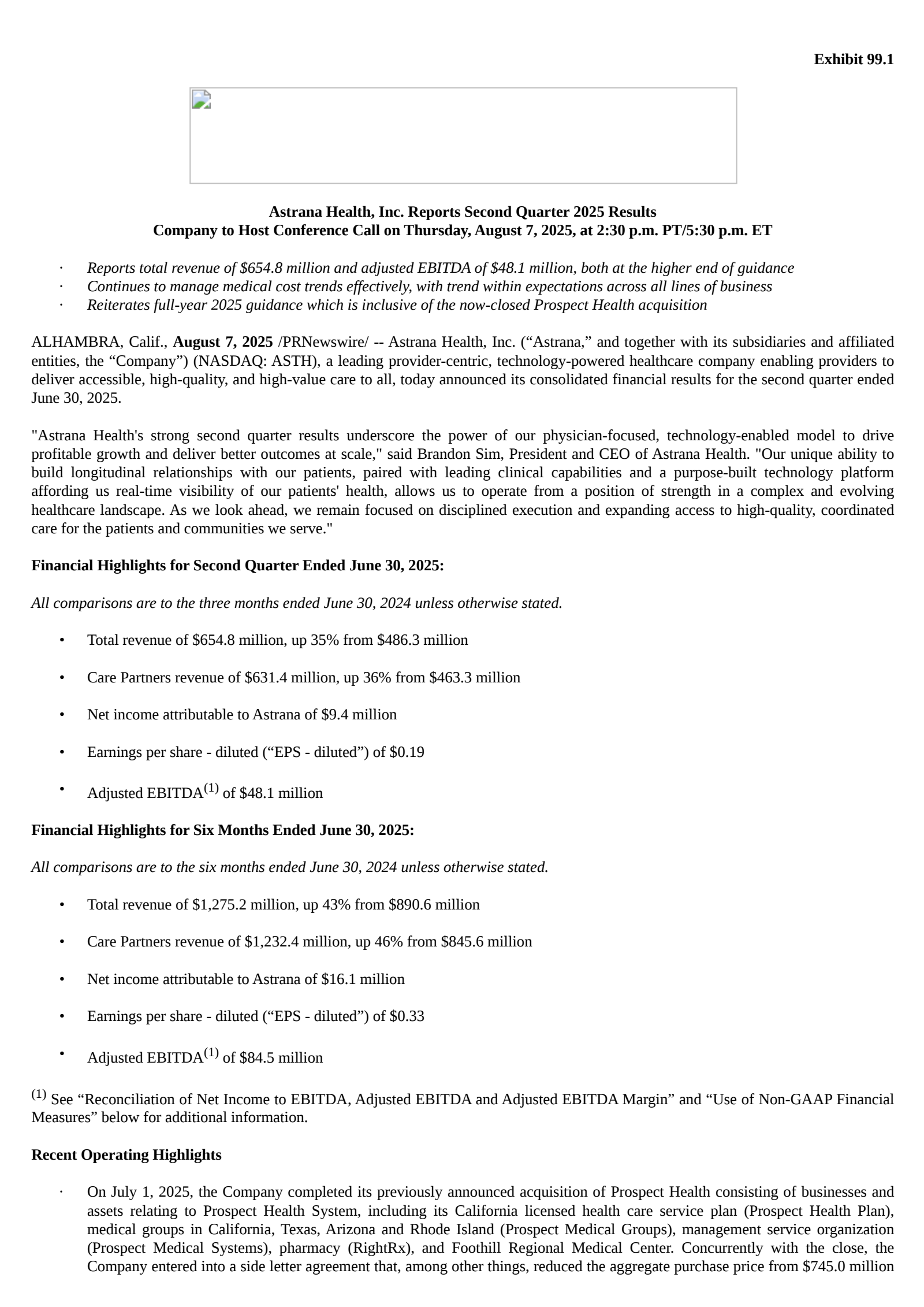 Astrana Health's Q2 2025 Press Release