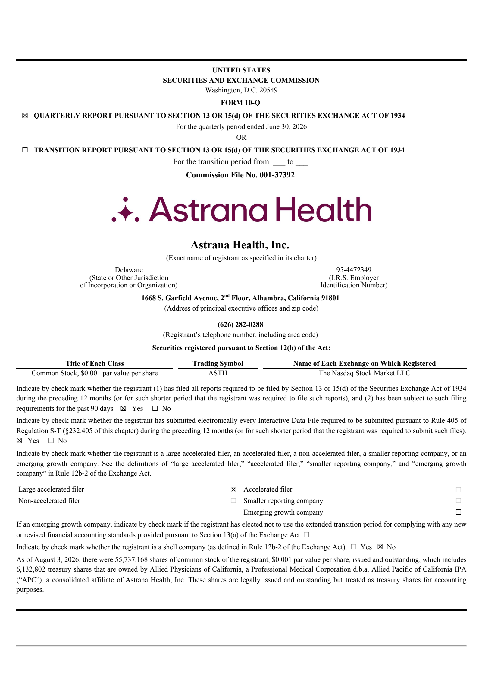 Astrana Health's Q2 2026 Quarterly report