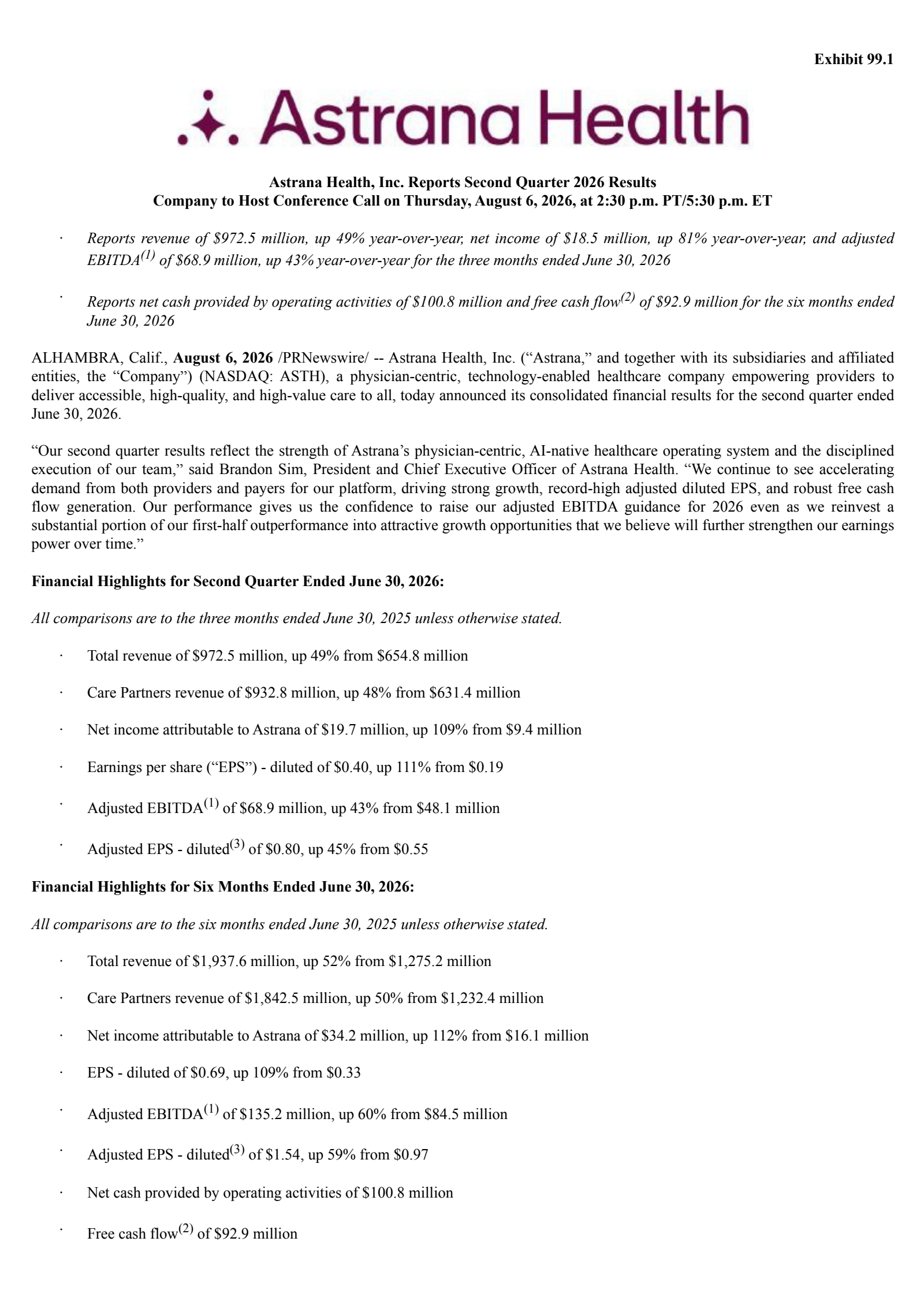 Astrana Health's Q2 2026 Press Release