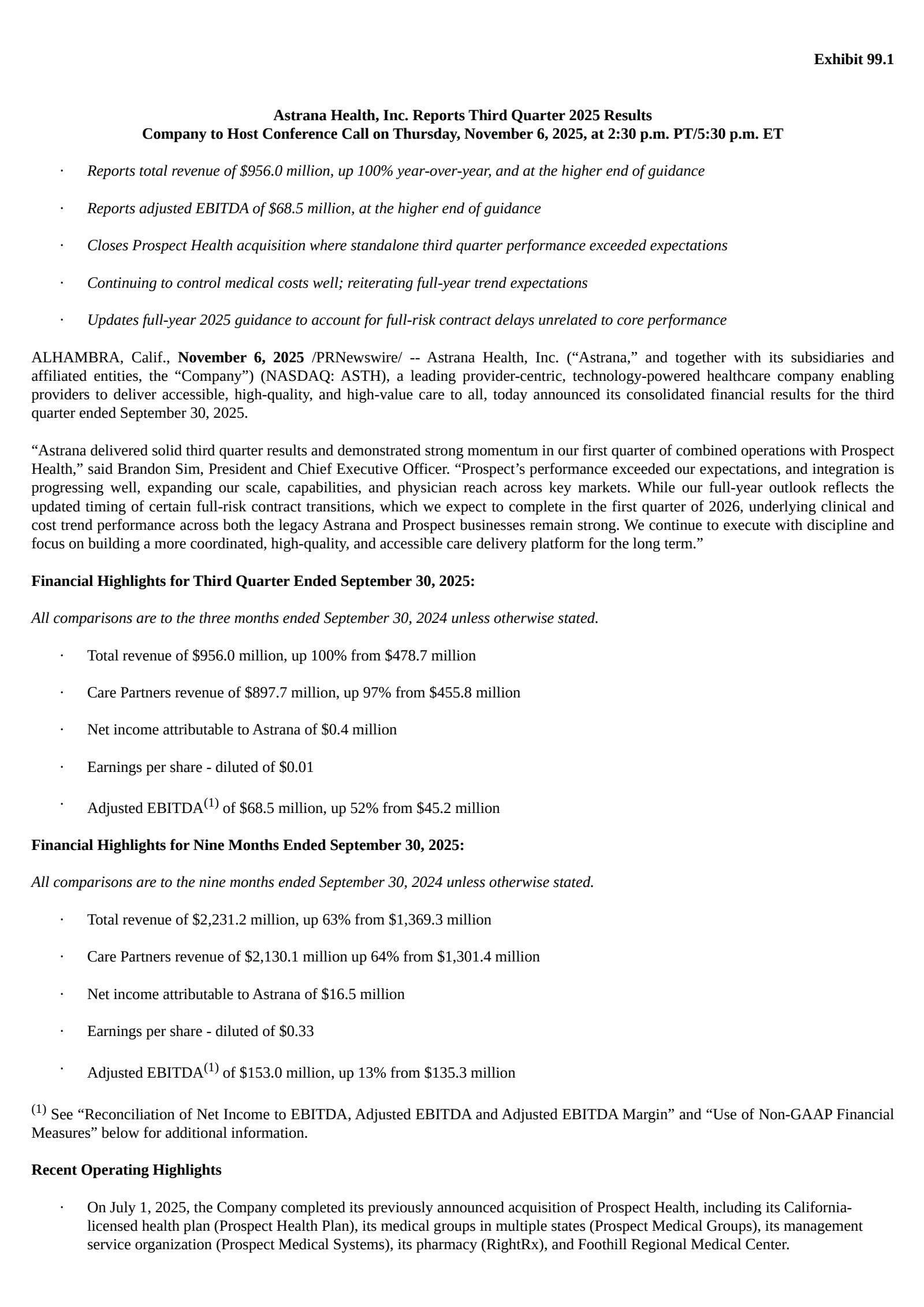 Astrana Health's Q3 2025 Earnings Release