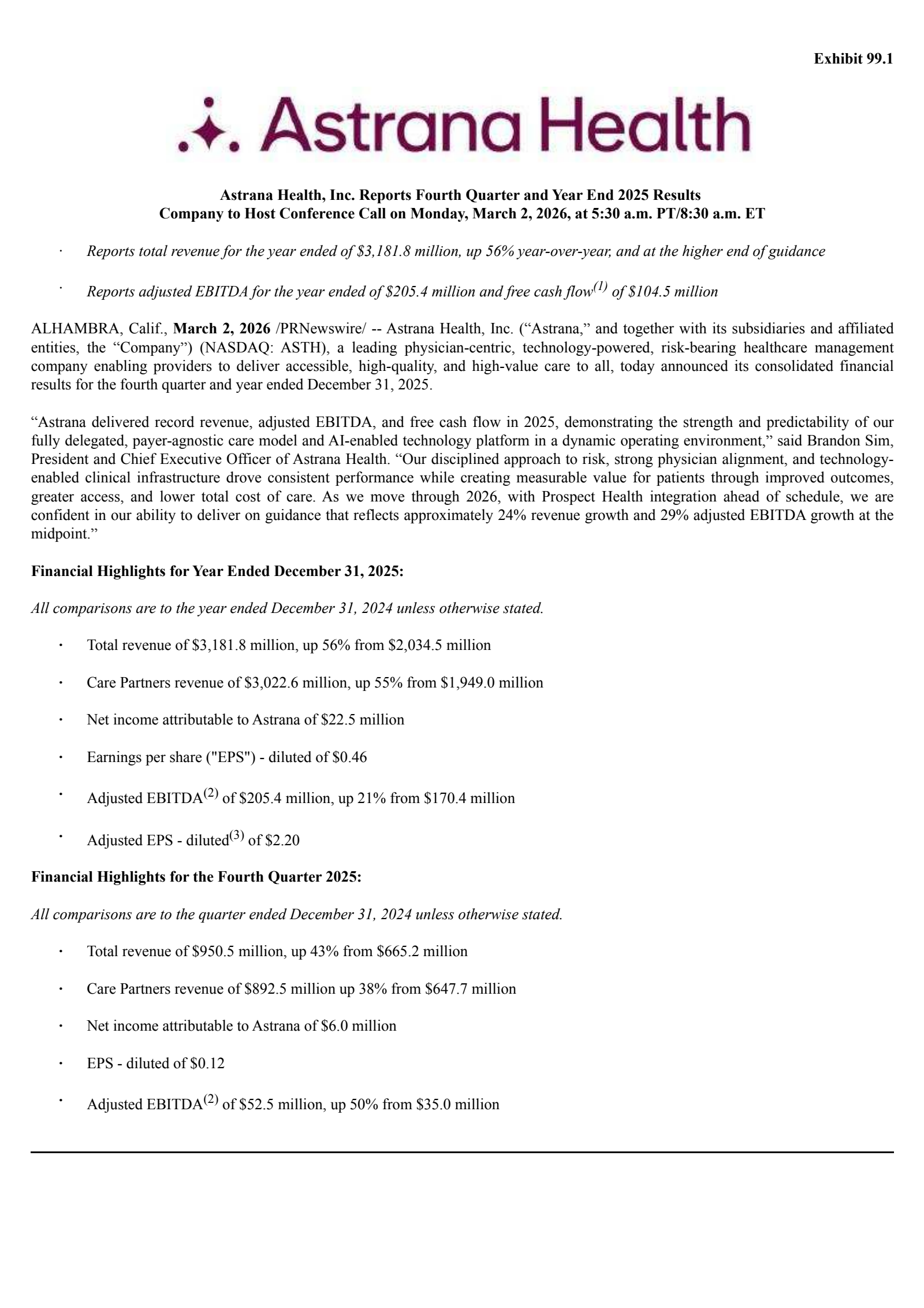 Astrana Health's Q4 2025 Press Release
