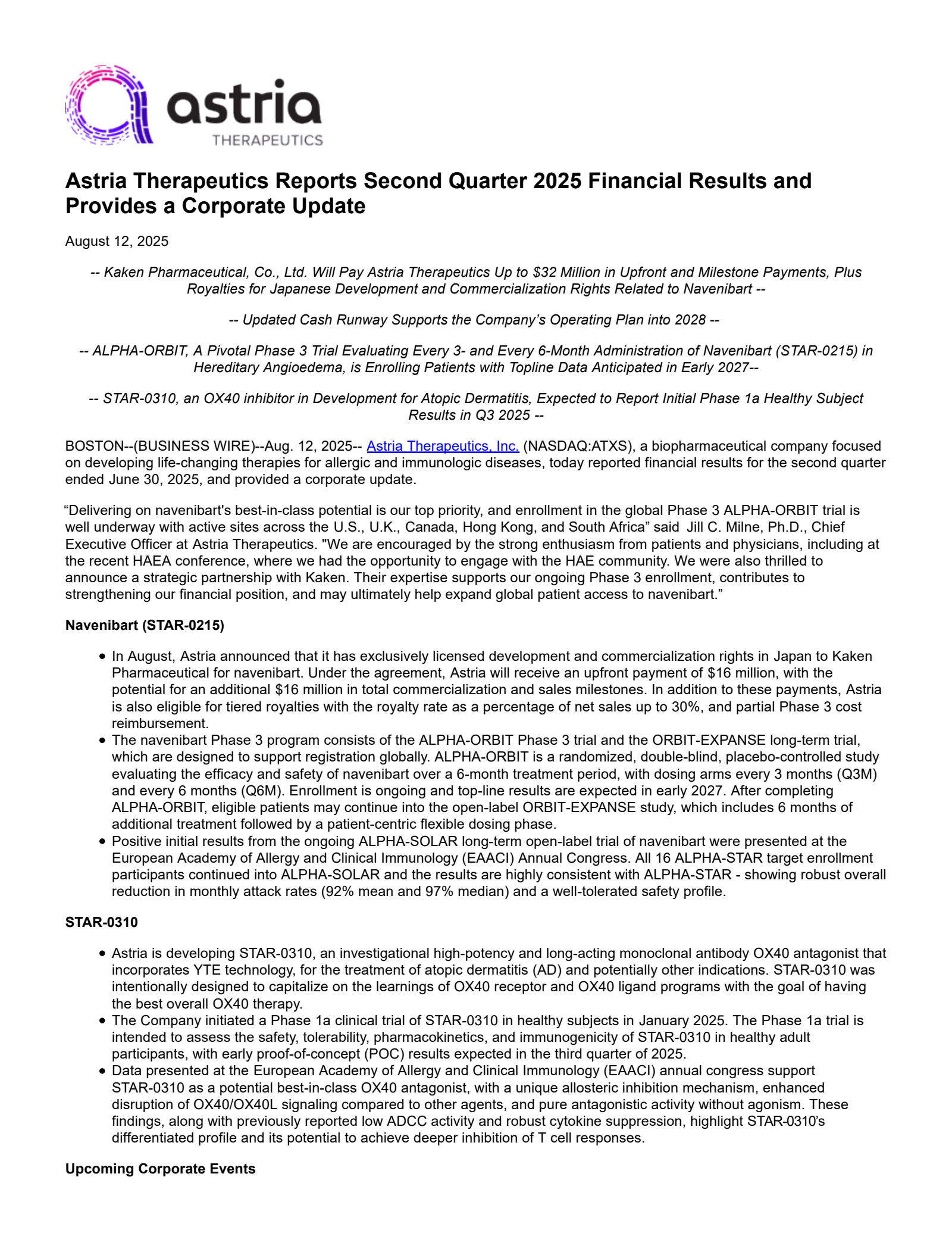 Astria Therapeutics' Q2 2025 Press Release